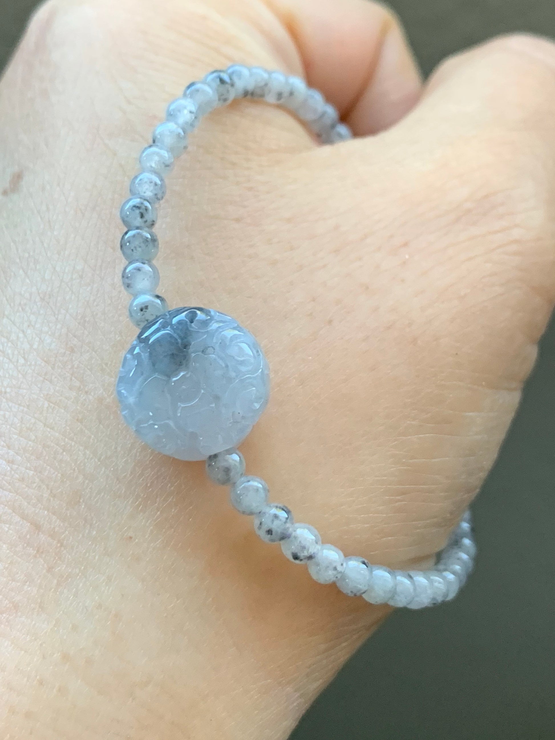 Natural Burmese A Graded Icy Highly Translucent Light Wuji Jadeite Engraved Wuji Jadeite Coin Bead Beaded Bracelet 6.75” 天然缅甸冰胶乌鸡翡翠仿古雕手串