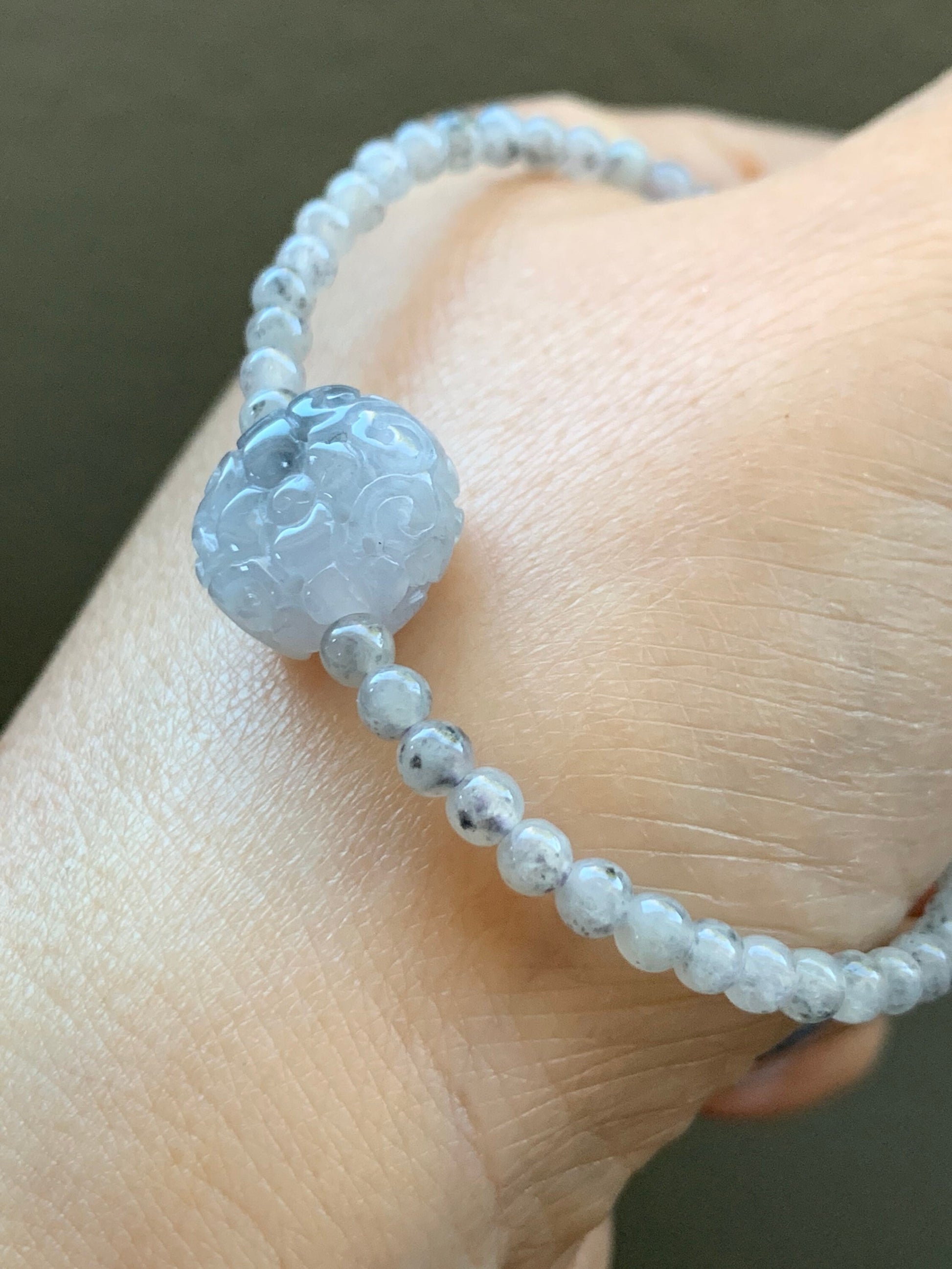 Natural Burmese A Graded Icy Highly Translucent Light Wuji Jadeite Engraved Wuji Jadeite Coin Bead Beaded Bracelet 6.75” 天然缅甸冰胶乌鸡翡翠仿古雕手串