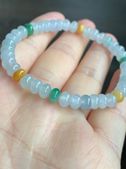 Burmese Natural Premium Icy translucent Multi-Colored Jadeite Drum Beads Beaded Bracelet 6.75” 天然缅甸起冰起光多宝翡翠鼓珠手串