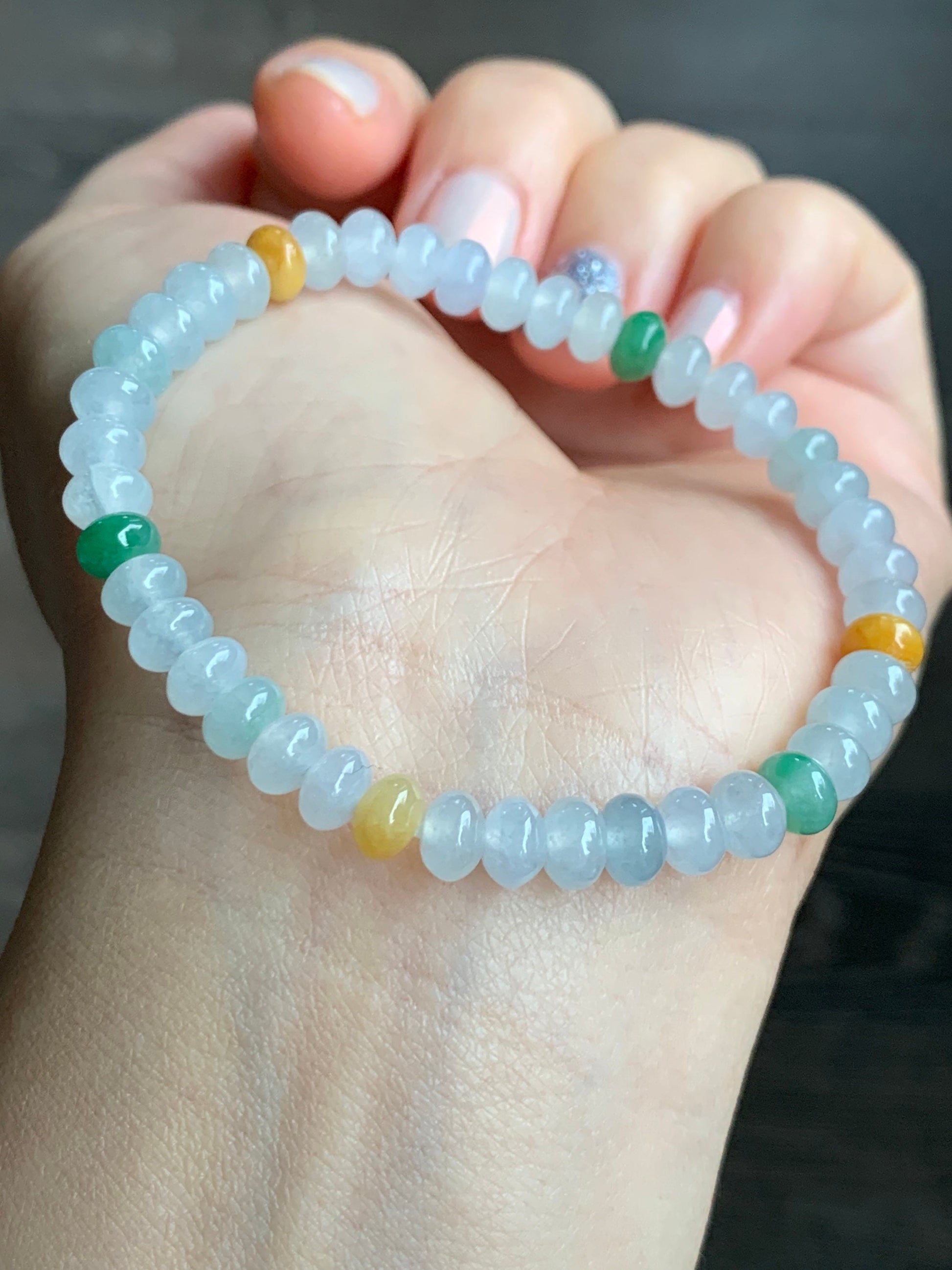 Burmese Natural Premium Icy translucent Multi-Colored Jadeite Drum Beads Beaded Bracelet 6.75” 天然缅甸起冰起光多宝翡翠鼓珠手串