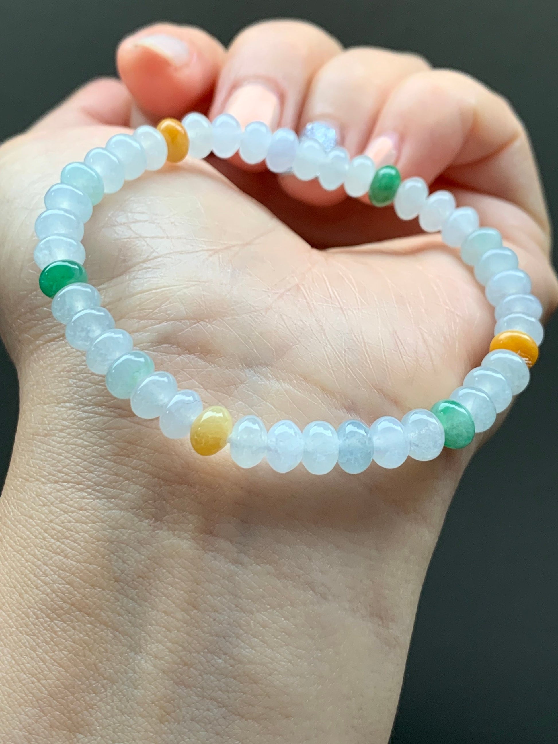Burmese Natural Premium Icy translucent Multi-Colored Jadeite Drum Beads Beaded Bracelet 6.75” 天然缅甸起冰起光多宝翡翠鼓珠手串
