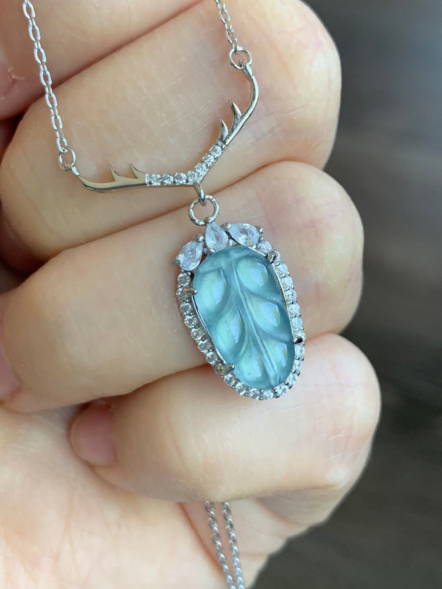 Natural Guatemalan Highly Translucent Sky Blue/Light Blue Jadeite Carved Leaf Antler Design Necklace S925 Silver 16” 天然冰危天空蓝翡翠大叶有成银镶项链