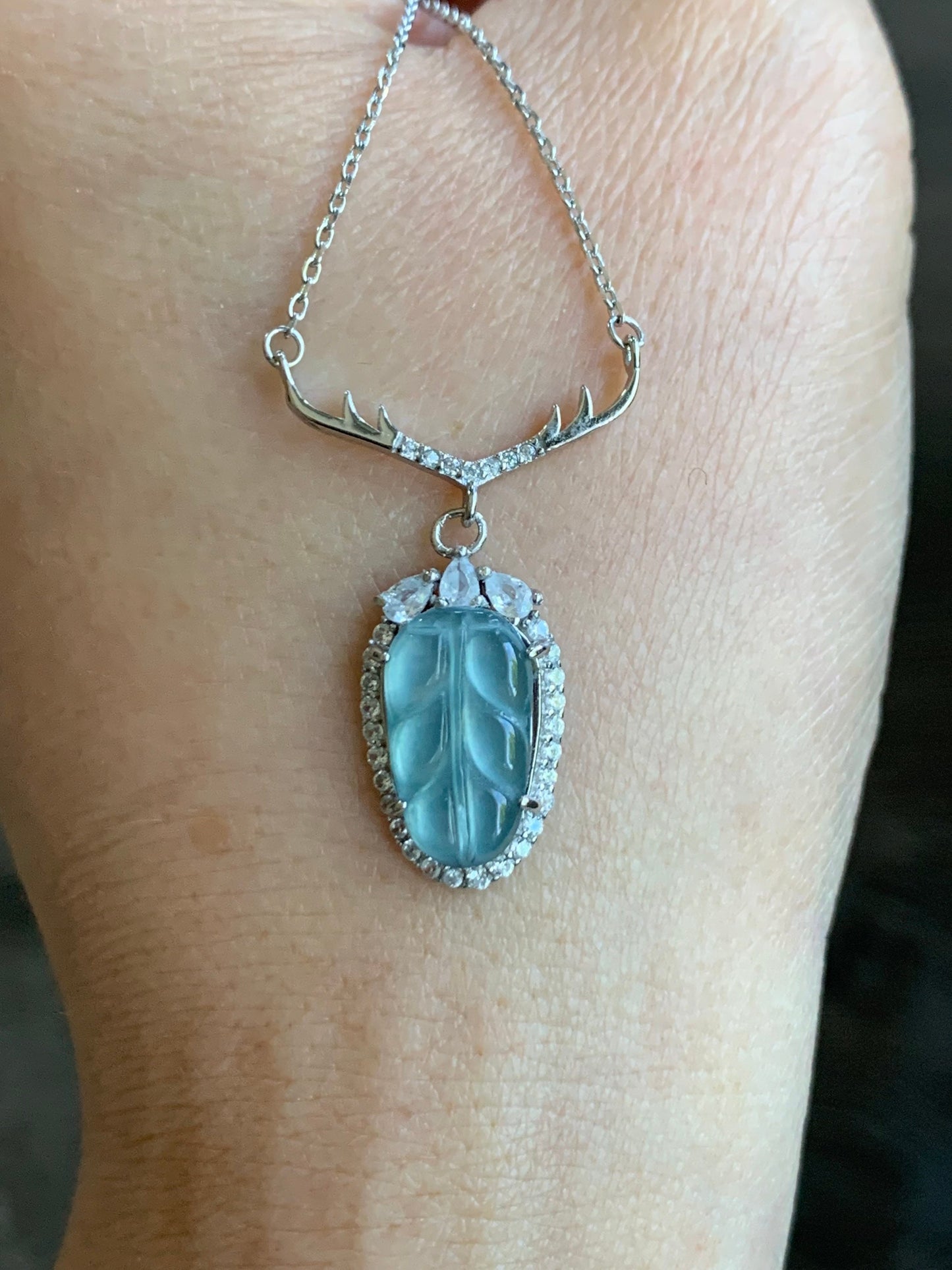 Natural Guatemalan Highly Translucent Sky Blue/Light Blue Jadeite Carved Leaf Antler Design Necklace S925 Silver 16” 天然冰危天空蓝翡翠大叶有成银镶项链