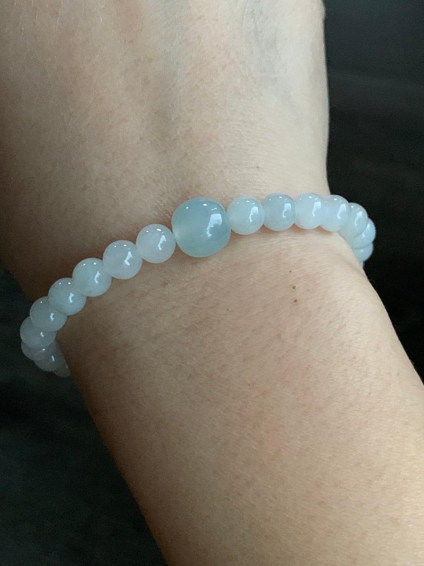 Natural Burmese Icy Translucent Gelatinous White Jadeite Beads Light Sky Blue Jadeite Apple Bead Beaded Bracelet 6.75” 天然缅甸细糯白冰翡翠珠晴色苹果珠手串