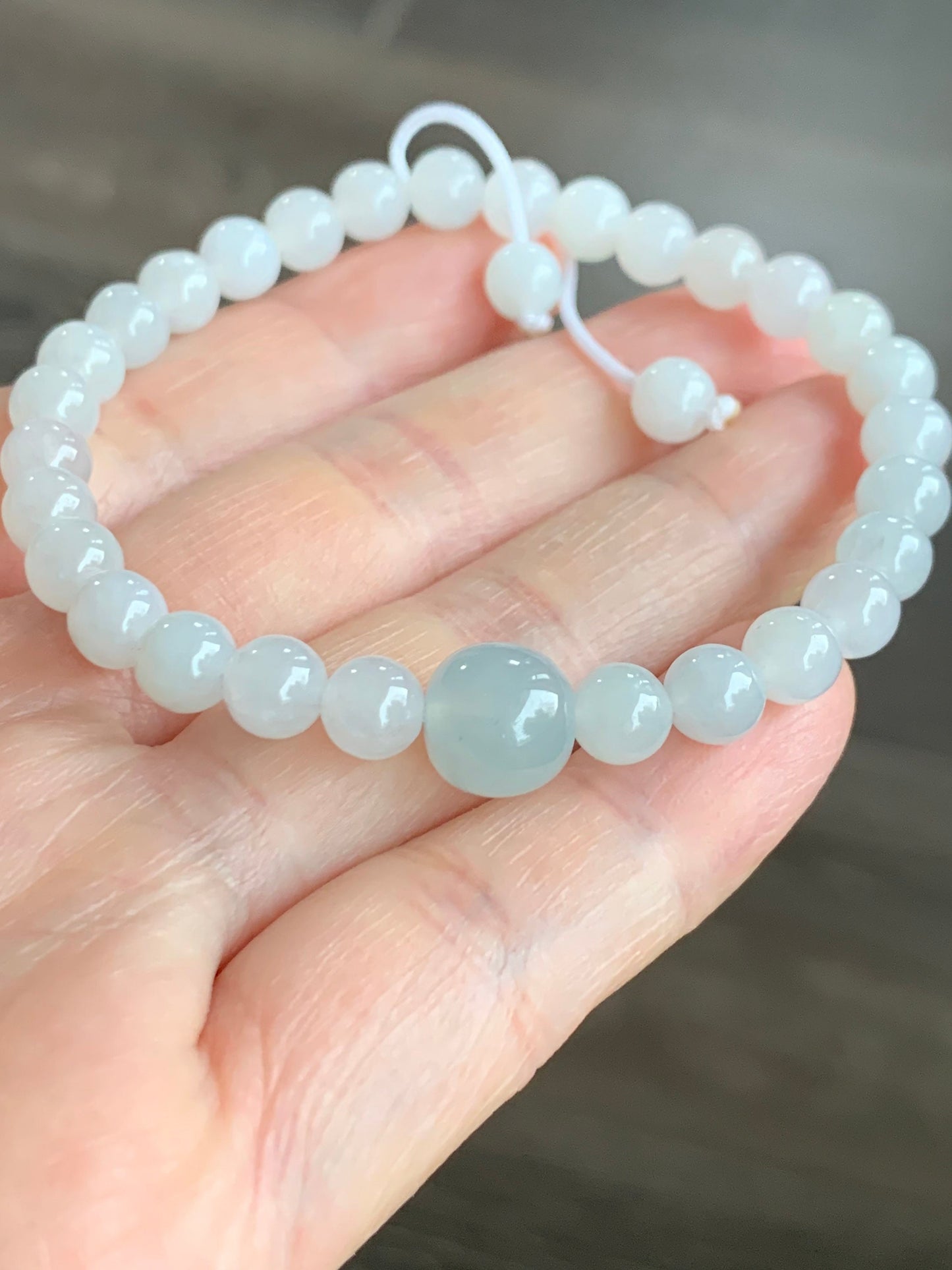 Natural Burmese Icy Translucent Gelatinous White Jadeite Beads Light Sky Blue Jadeite Apple Bead Beaded Bracelet 6.75” 天然缅甸细糯白冰翡翠珠晴色苹果珠手串
