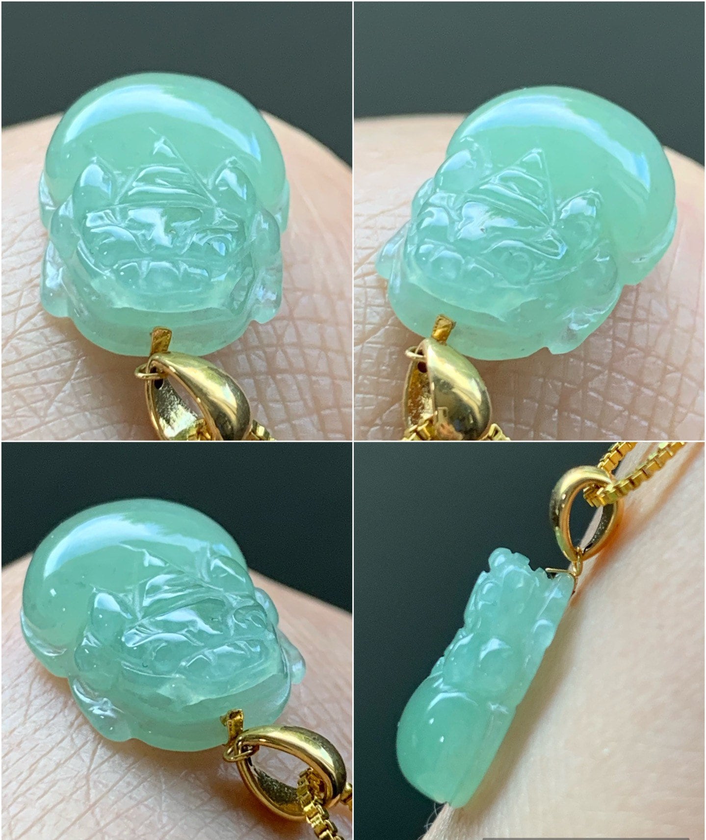 PETITE Natural Burmese Icy Translucent Green Jadeite Carved Pixiu Pendant 18K Yellow Gold Bail 天然缅甸冰绿翡翠貔貅吊坠