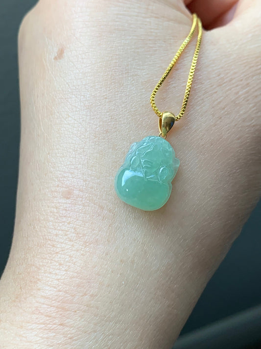 PETITE Natural Burmese Icy Translucent Green Jadeite Carved Pixiu Pendant 18K Yellow Gold Bail 天然缅甸冰绿翡翠貔貅吊坠