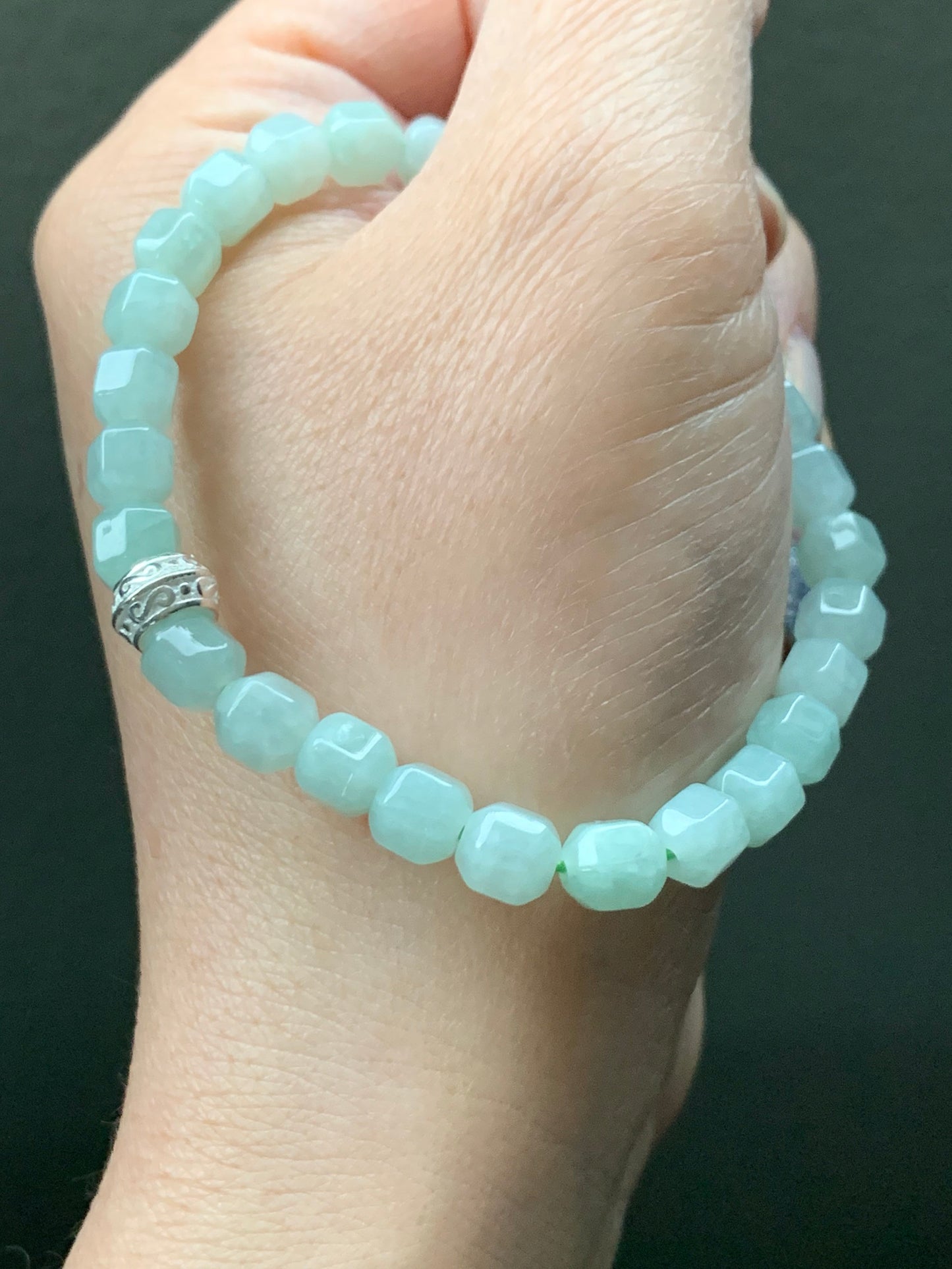 Natural Burmese Translucent Light Green Jadeite Hexagonal Beads S925 Silver Bead Beaded Bracelet Stretchy 7” 天然缅甸晴色翡翠六棱珠银珠手串