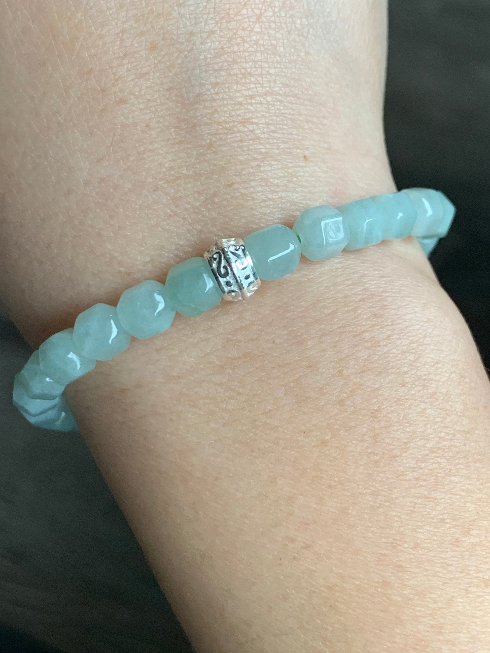 Natural Burmese Translucent Light Green Jadeite Hexagonal Beads S925 Silver Bead Beaded Bracelet Stretchy 7” 天然缅甸晴色翡翠六棱珠银珠手串