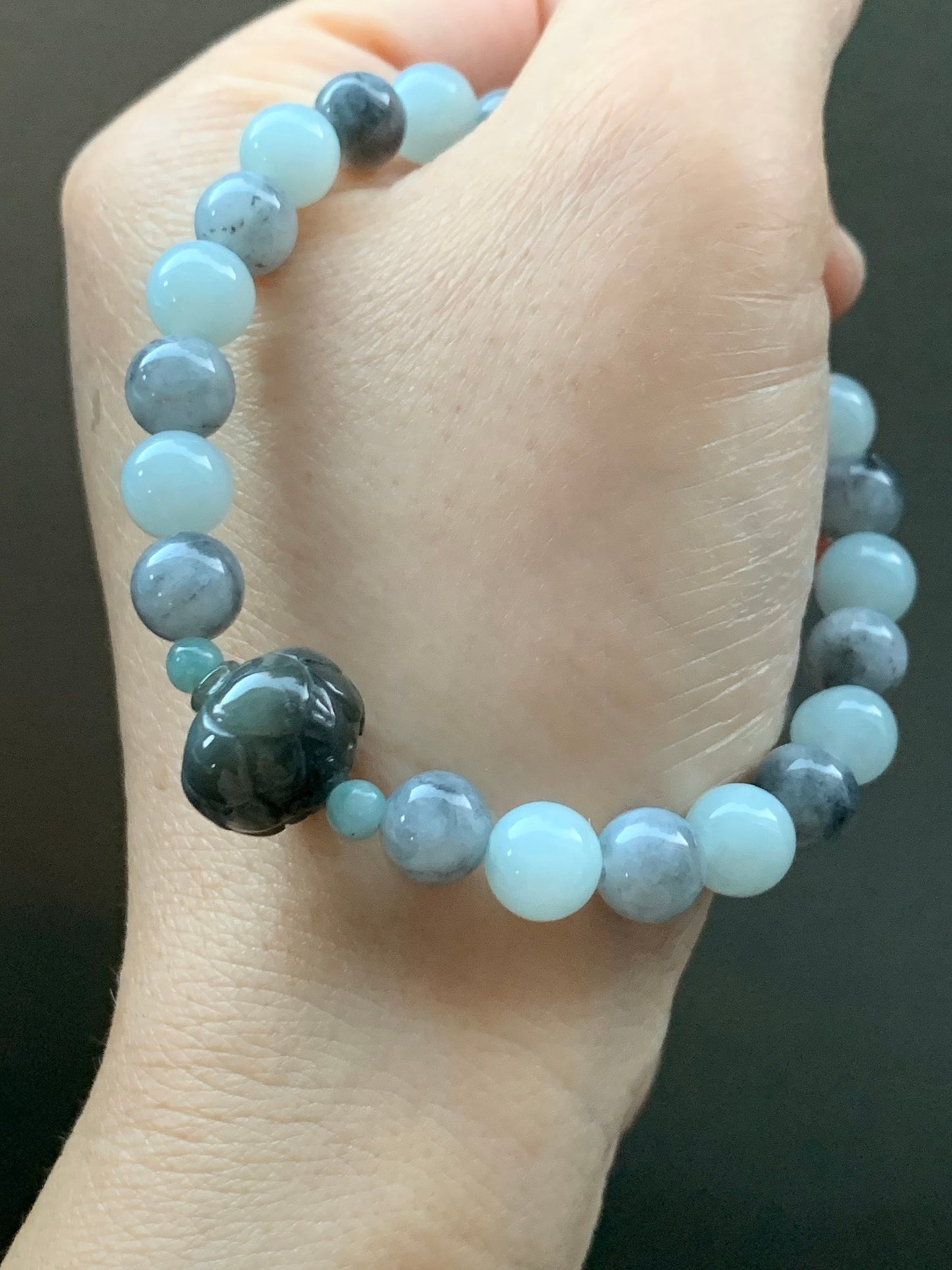 Burmese Natural Sky Blue & Icy Wuji Jadeite Beads Carved Wuji Jadeite Lotus Flower Beaded Bracelet 7” 天然缅甸天空蓝乌鸡翡翠莲花珠手串