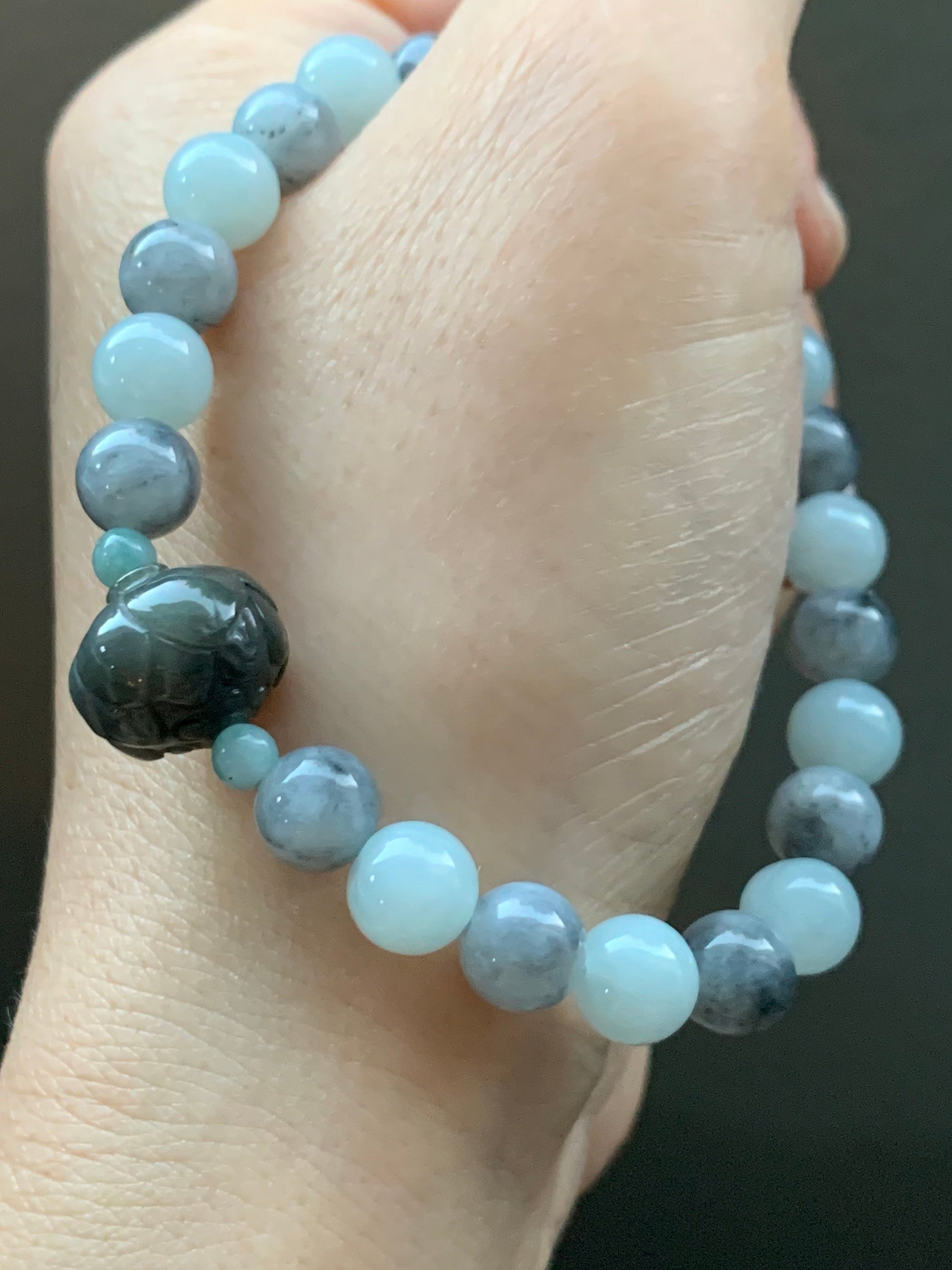 Burmese Natural Sky Blue & Icy Wuji Jadeite Beads Carved Wuji Jadeite Lotus Flower Beaded Bracelet 7” 天然缅甸天空蓝乌鸡翡翠莲花珠手串