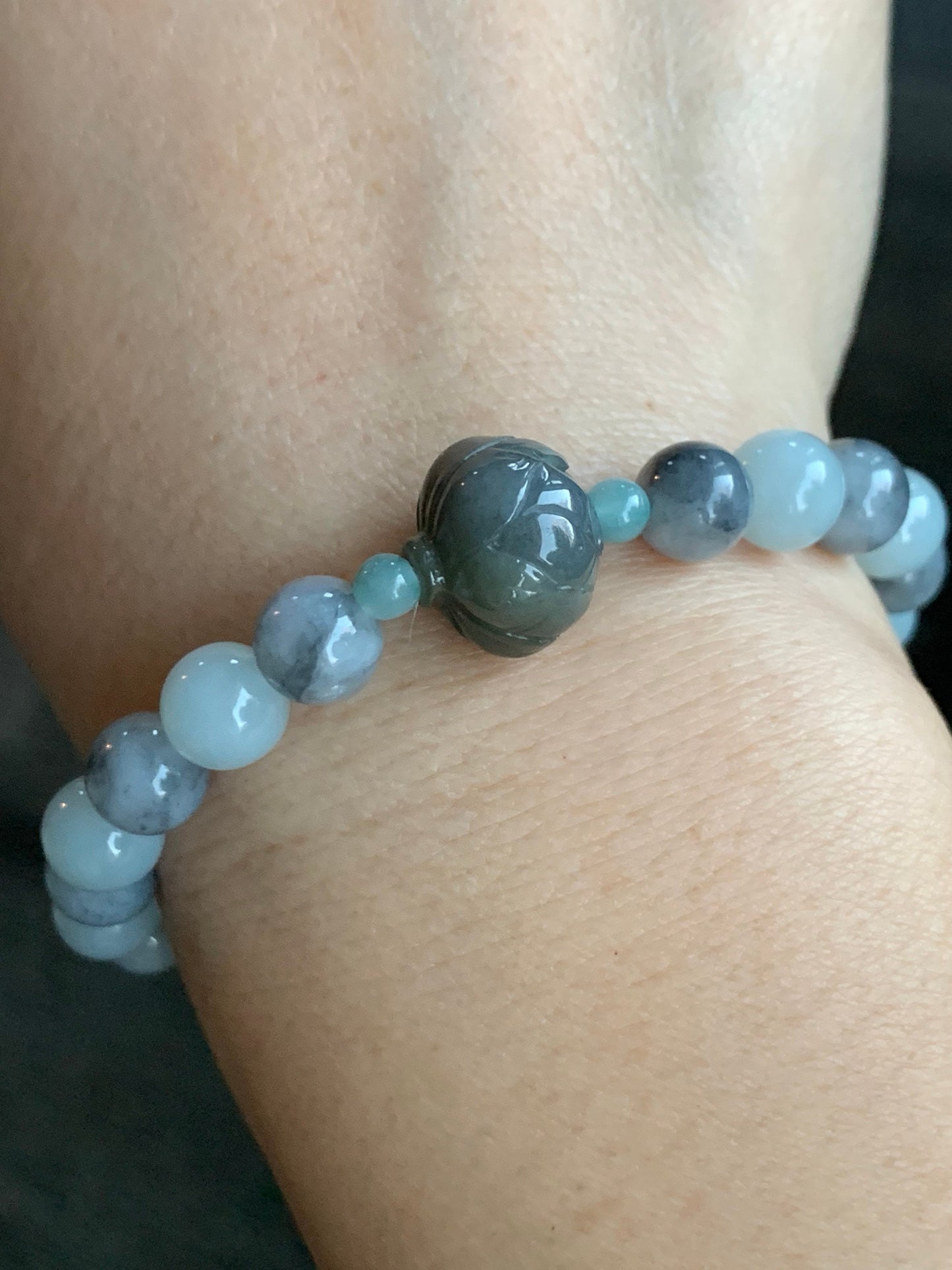 Burmese Natural Sky Blue & Icy Wuji Jadeite Beads Carved Wuji Jadeite Lotus Flower Beaded Bracelet 7” 天然缅甸天空蓝乌鸡翡翠莲花珠手串