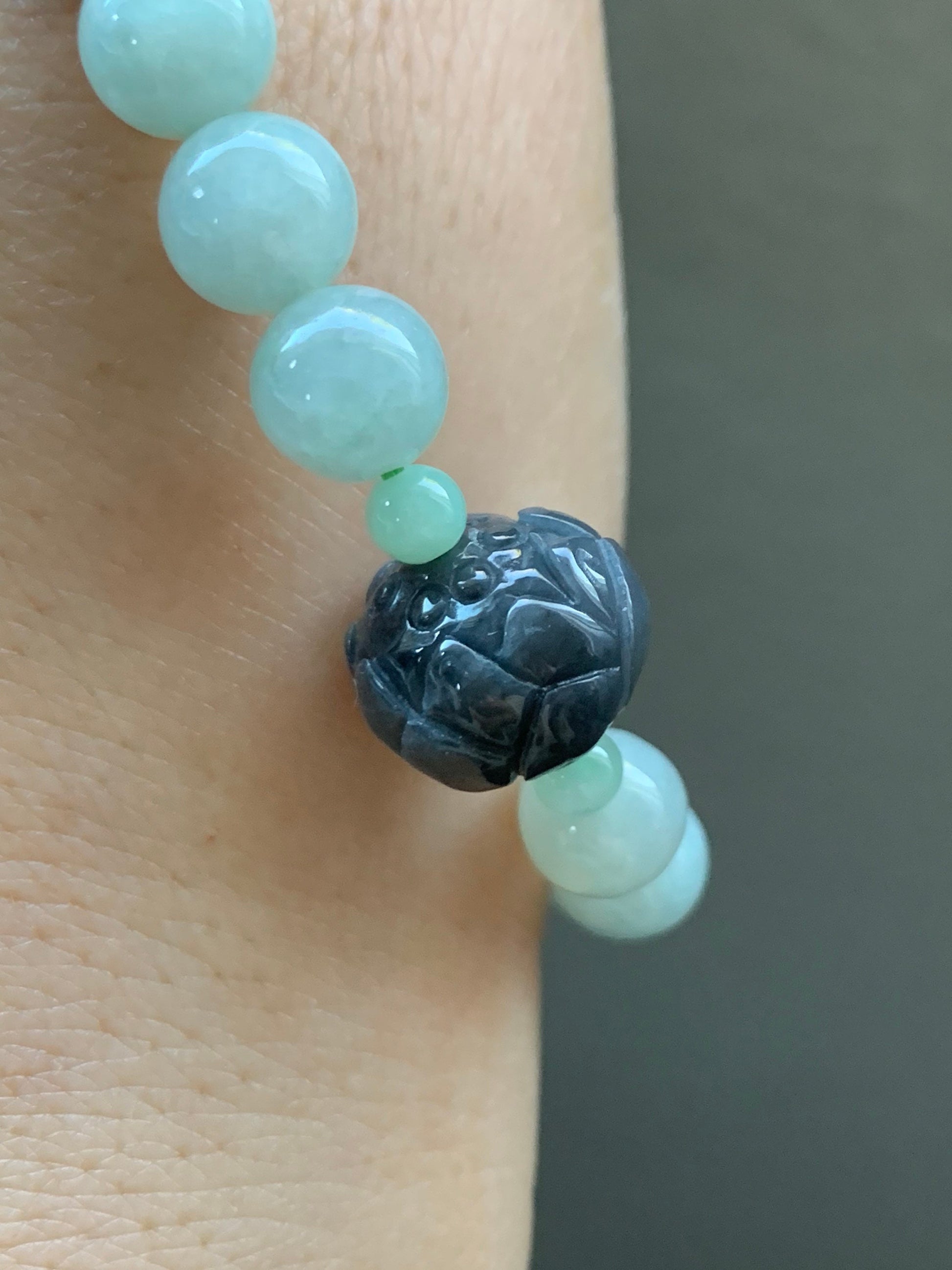 Burmese Natural Translucent Light Green & Icy Wuji Jadeite Beads Carved Wuji Jadeite Lotus Flower Beaded Bracelet 6.25” 天然缅甸淡晴底冰乌鸡翡翠莲花珠手串