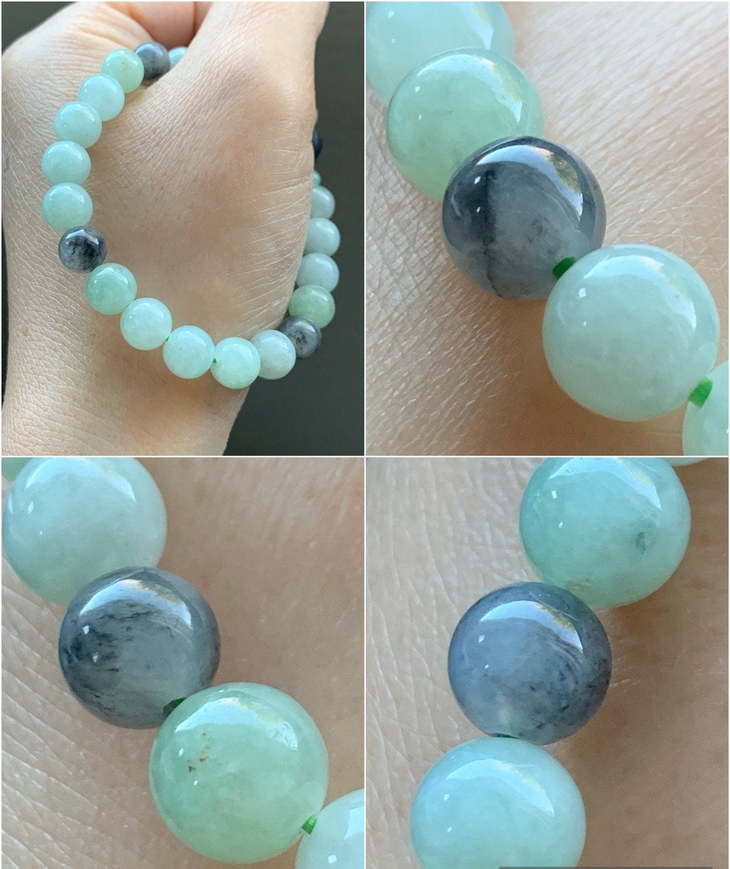 Burmese Natural Translucent Light Green & Icy Wuji Jadeite Beads Carved Wuji Jadeite Lotus Flower Beaded Bracelet 6.25” 天然缅甸淡晴底冰乌鸡翡翠莲花珠手串