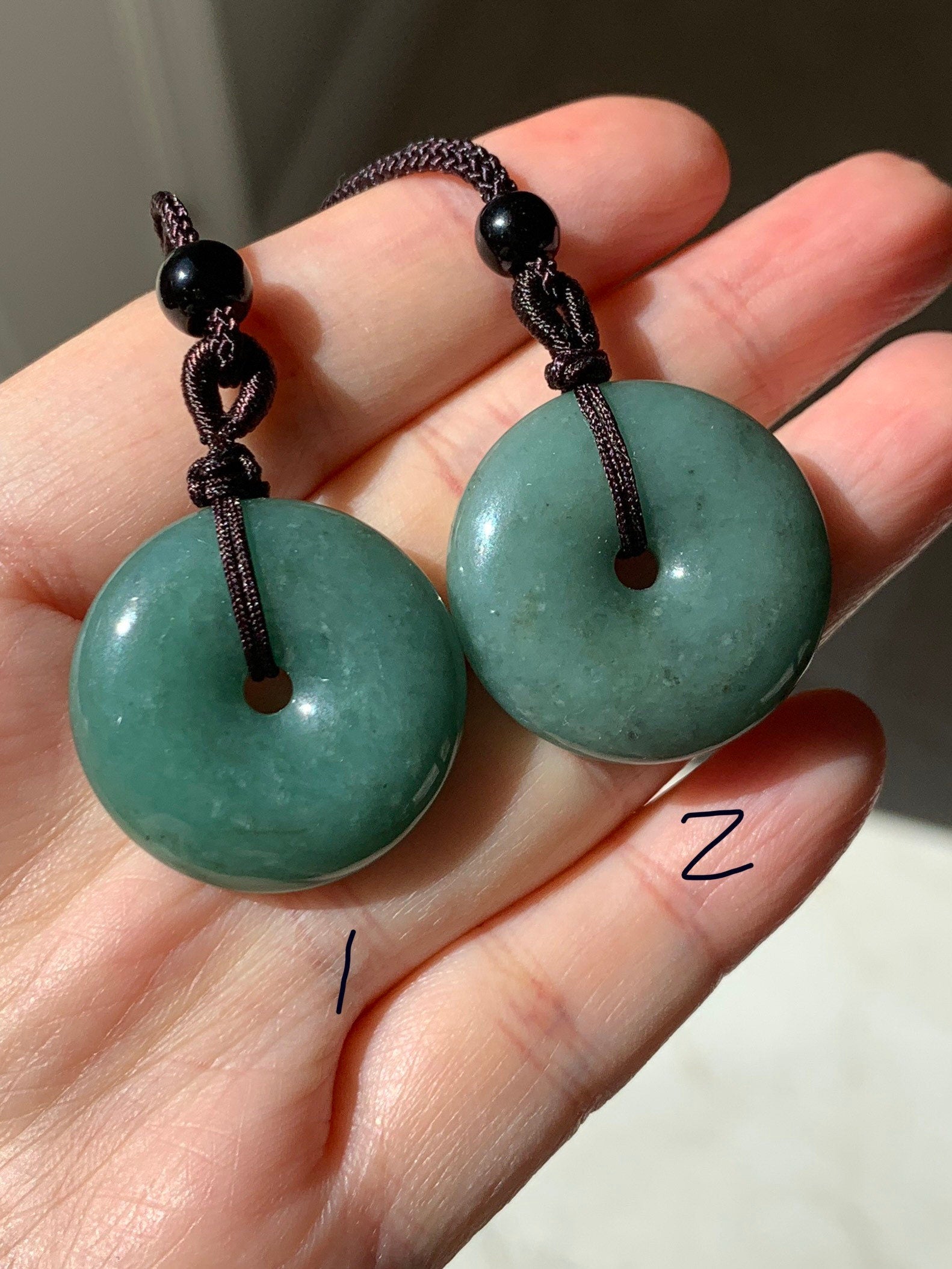 Natural Guatemalan Icy Translucent Teal Green Jadeite Ping An Kou Donut Bead Pendant Rope Necklace 天然冰危蓝绿翡翠平安扣吊坠