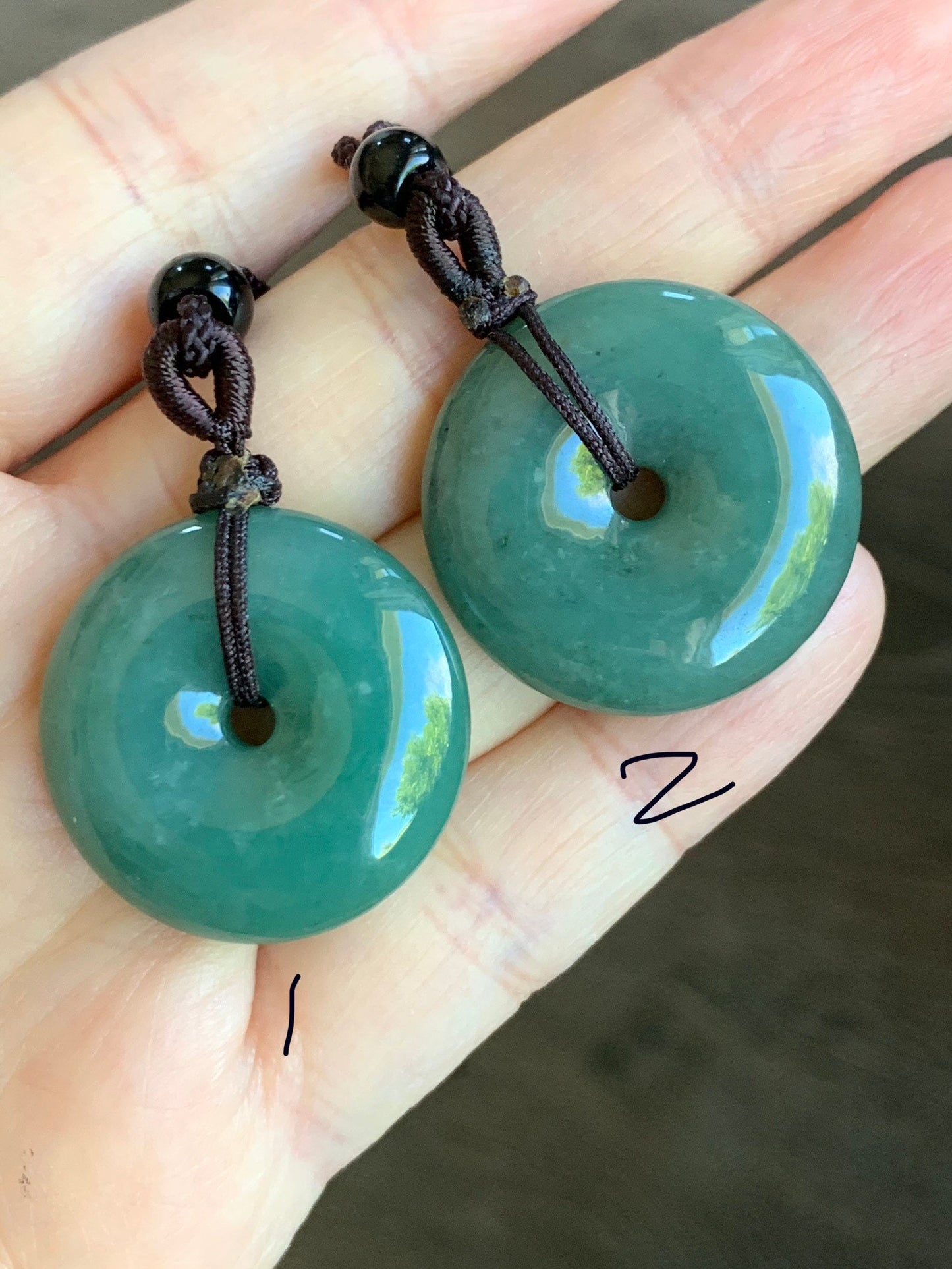 Natural Guatemalan Icy Translucent Teal Green Jadeite Ping An Kou Donut Bead Pendant Rope Necklace 天然冰危蓝绿翡翠平安扣吊坠