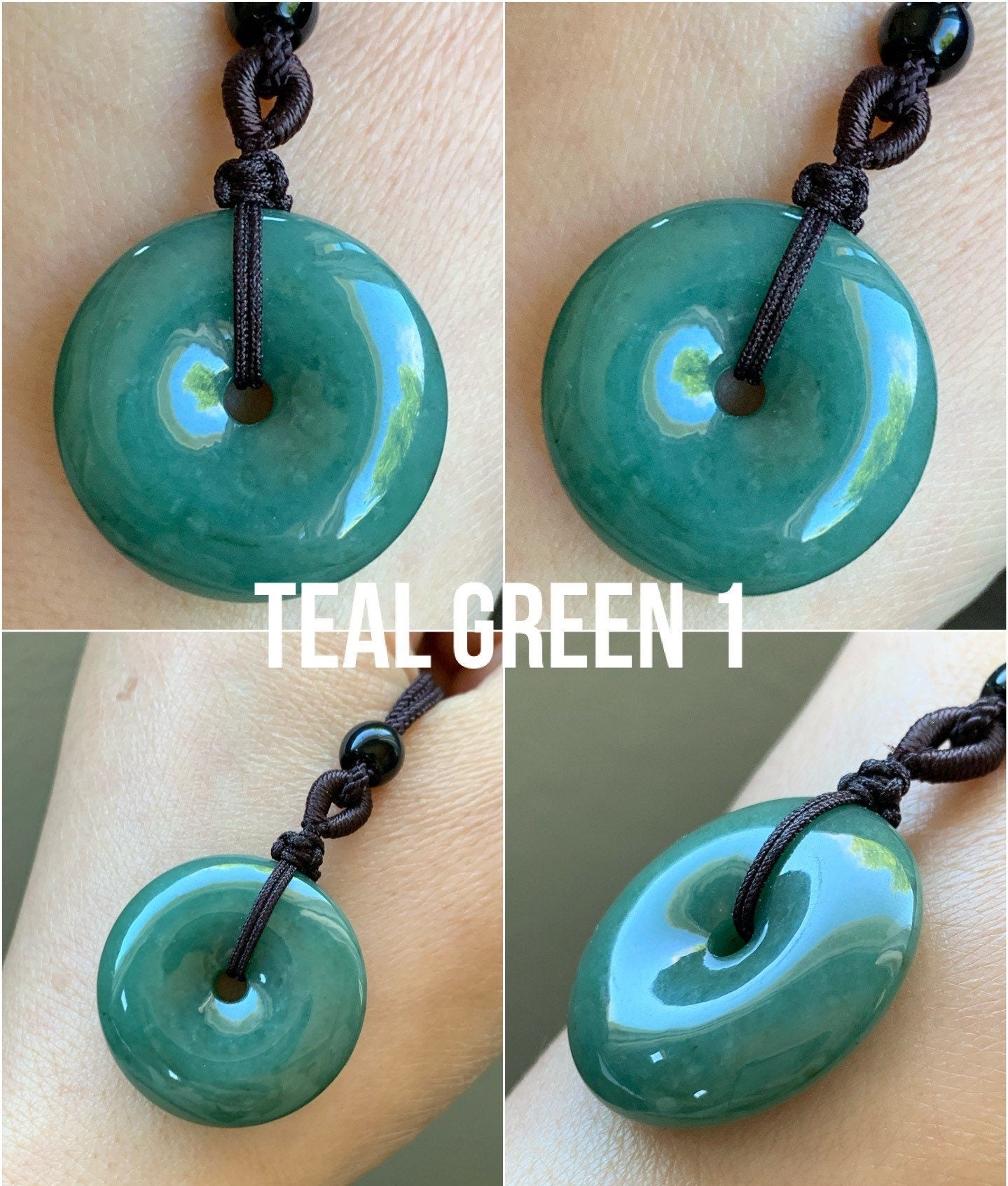 Natural Guatemalan Icy Translucent Teal Green Jadeite Ping An Kou Donut Bead Pendant Rope Necklace 天然冰危蓝绿翡翠平安扣吊坠