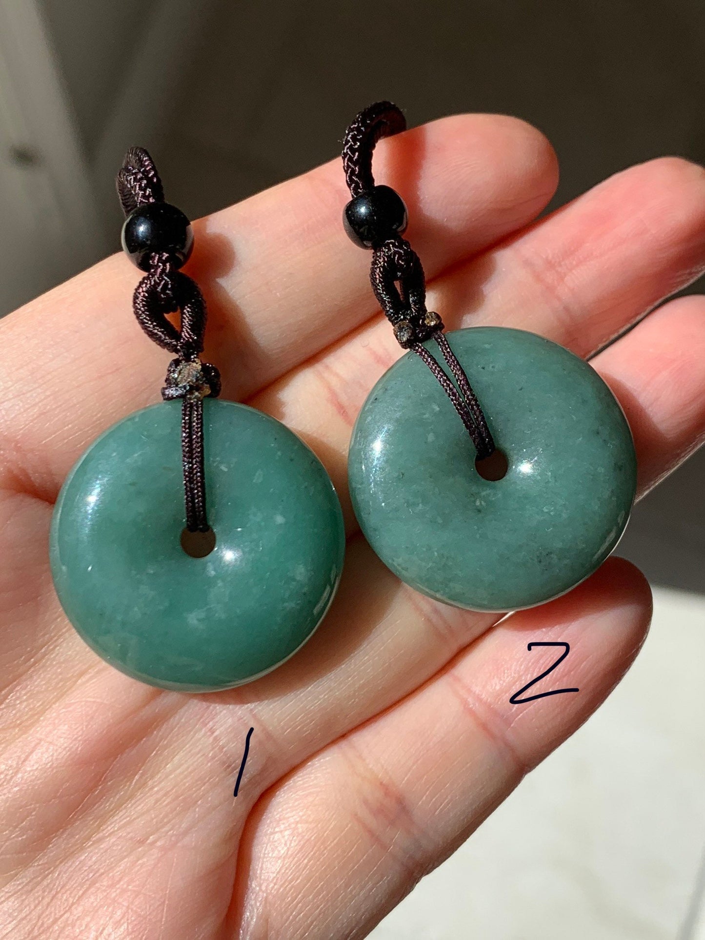 Natural Guatemalan Icy Translucent Teal Green Jadeite Ping An Kou Donut Bead Pendant Rope Necklace 天然冰危蓝绿翡翠平安扣吊坠