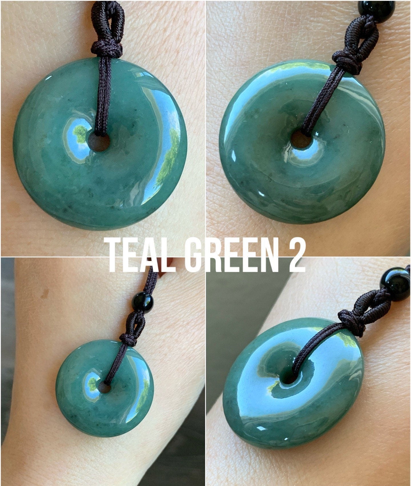 Natural Guatemalan Icy Translucent Teal Green Jadeite Ping An Kou Donut Bead Pendant Rope Necklace 天然冰危蓝绿翡翠平安扣吊坠