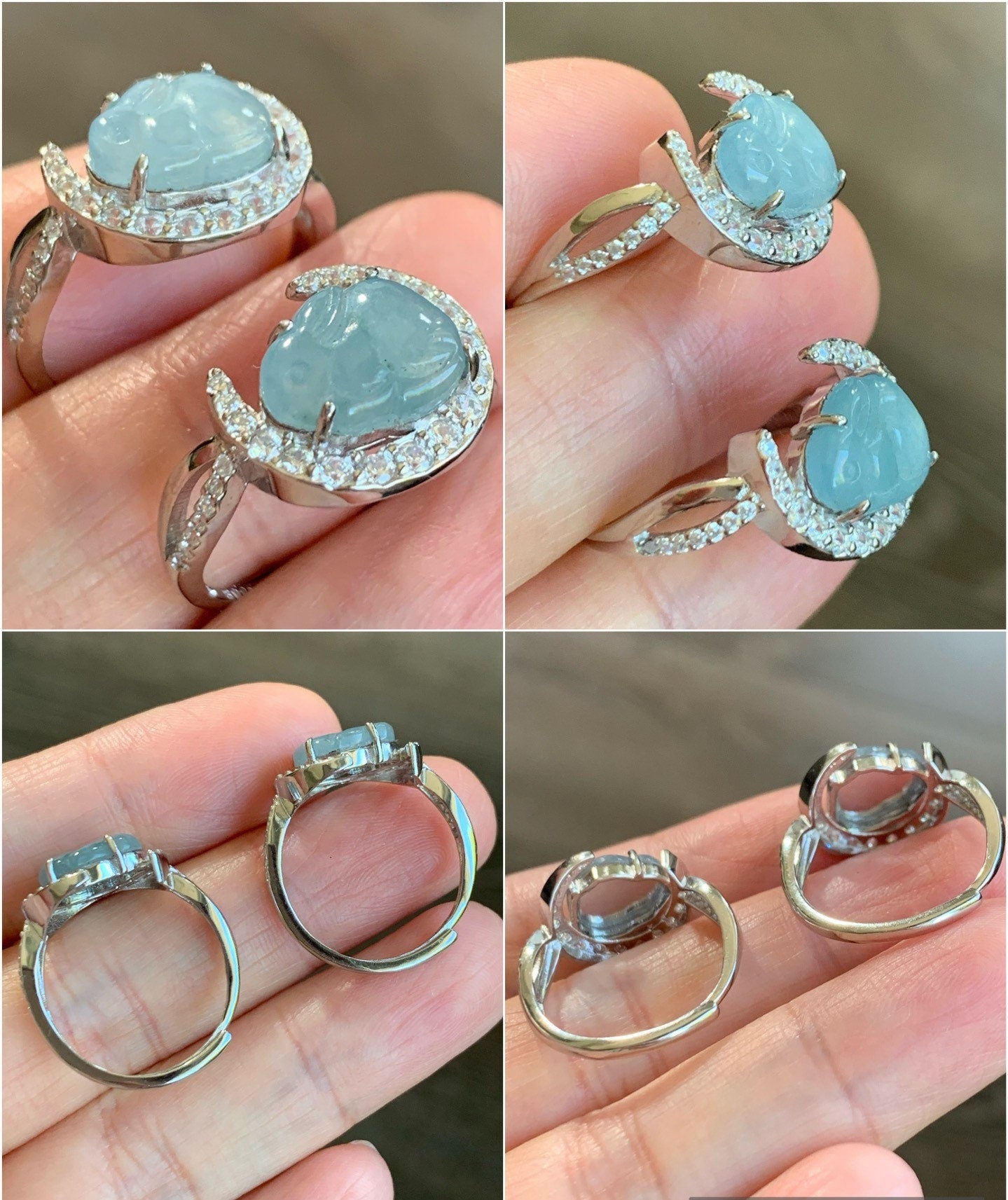 Natural Guatemalan Icy Translucent Sky Blue Jadeite Carved Bunny Rabbit Solitaire Ring Sterling Silver Adjustable Size 天然冰危天空蓝翡翠小兔银镶戒指 WXT