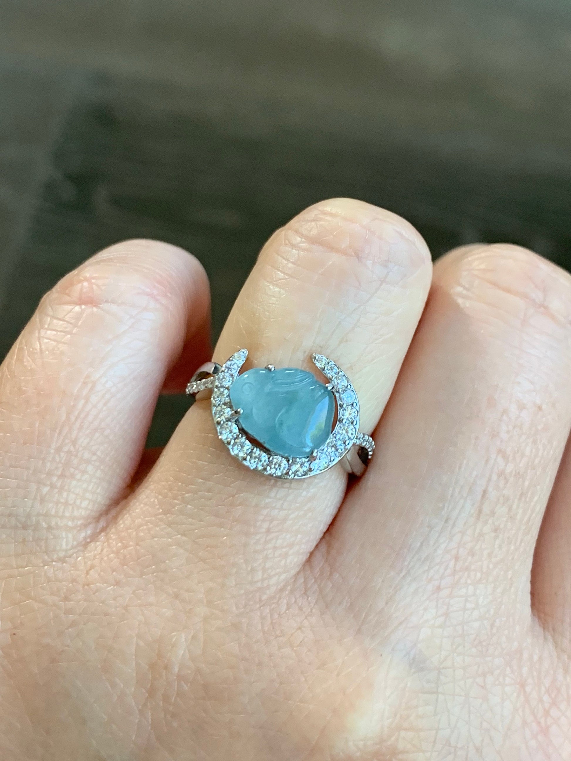 Natural Guatemalan Icy Translucent Sky Blue Jadeite Carved Bunny Rabbit Solitaire Ring Sterling Silver Adjustable Size 天然冰危天空蓝翡翠小兔银镶戒指 WXT