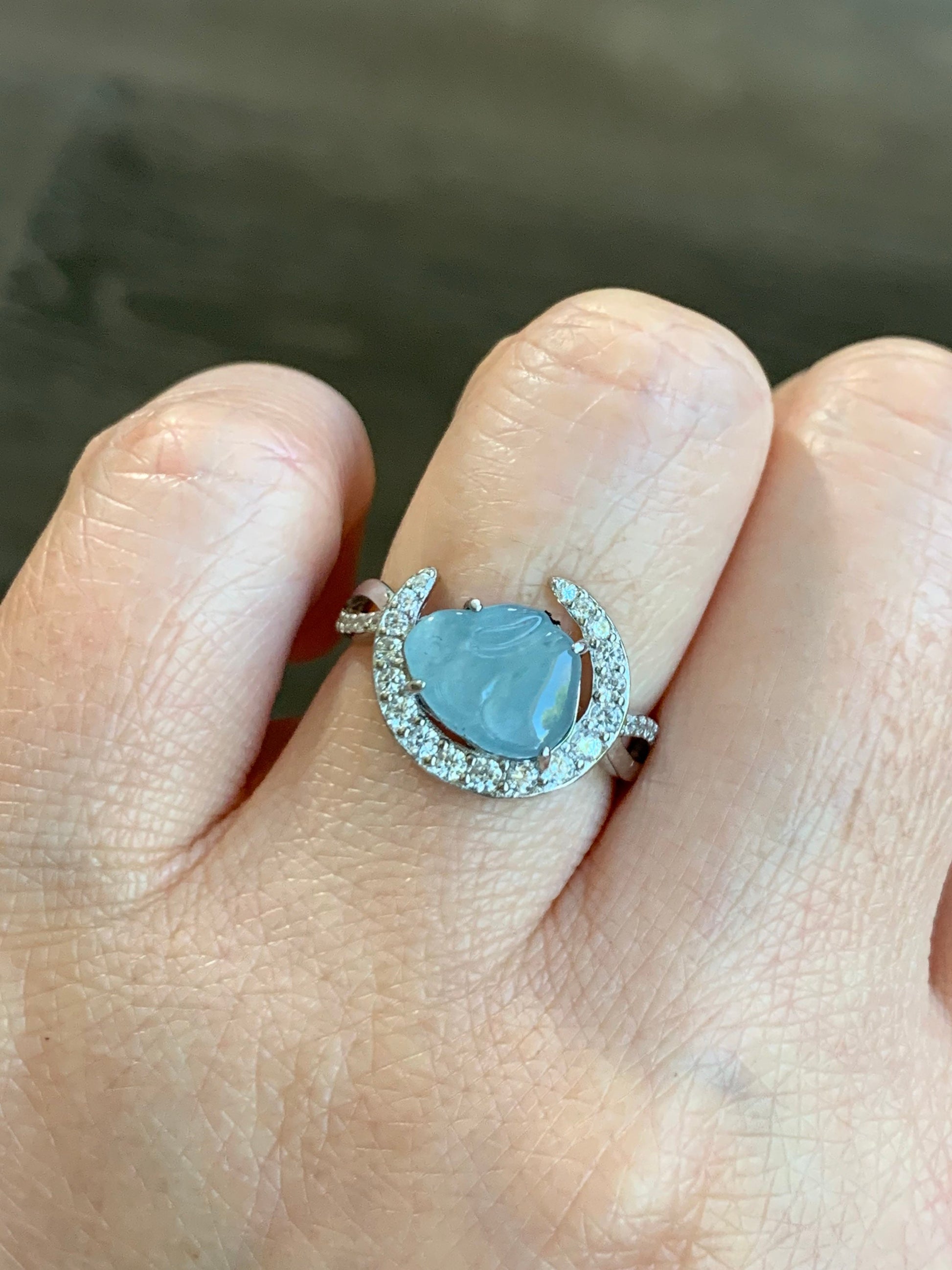 Natural Guatemalan Icy Translucent Sky Blue Jadeite Carved Bunny Rabbit Solitaire Ring Sterling Silver Adjustable Size 天然冰危天空蓝翡翠小兔银镶戒指 WXT