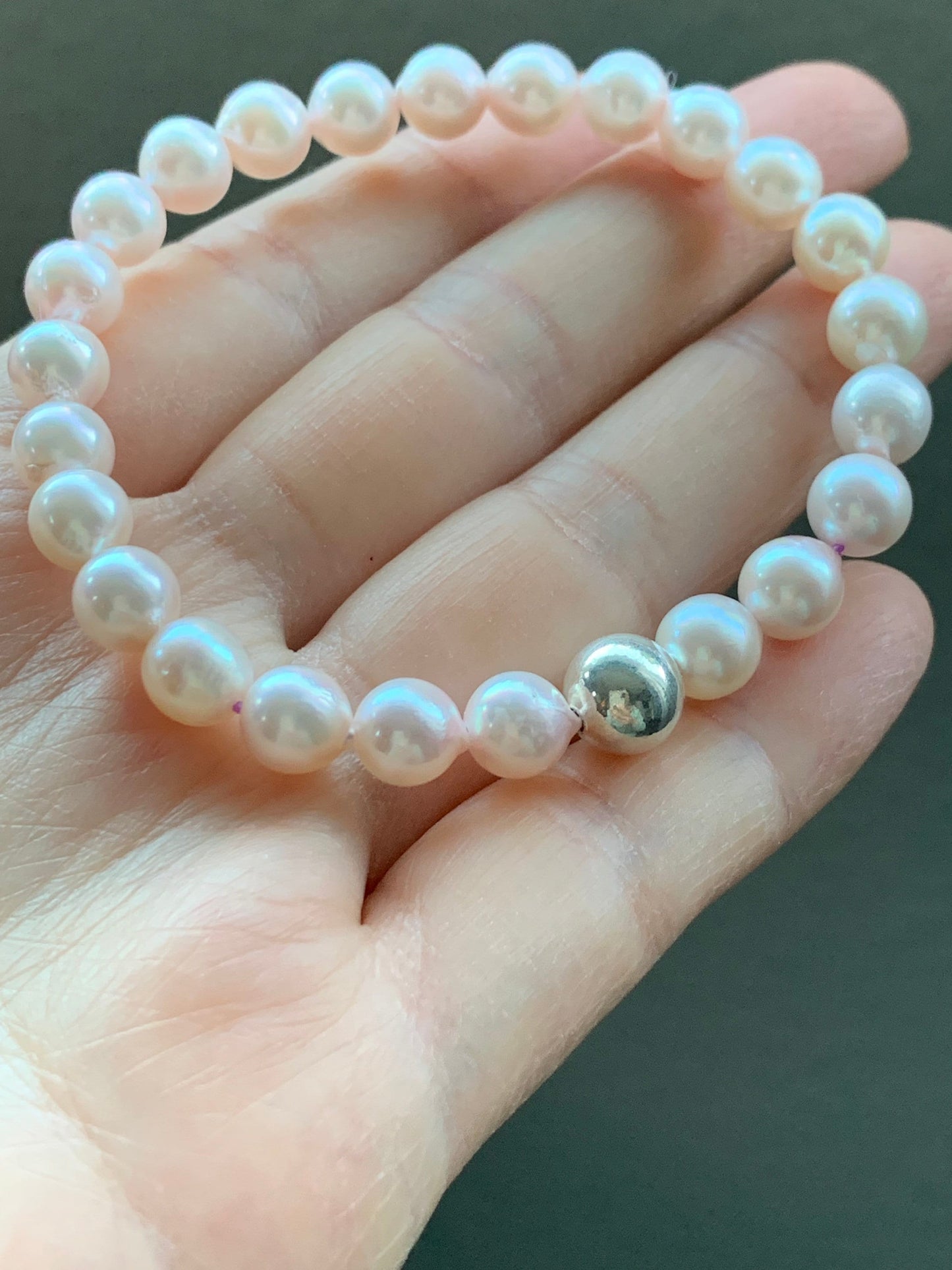 Natural Saltwater Akoya Peachy Blush Pearls and 925 Sterling Silver Ball Beaded Bracelet Stretchy 7” 天然淡粉海水珍珠纯银珠手串