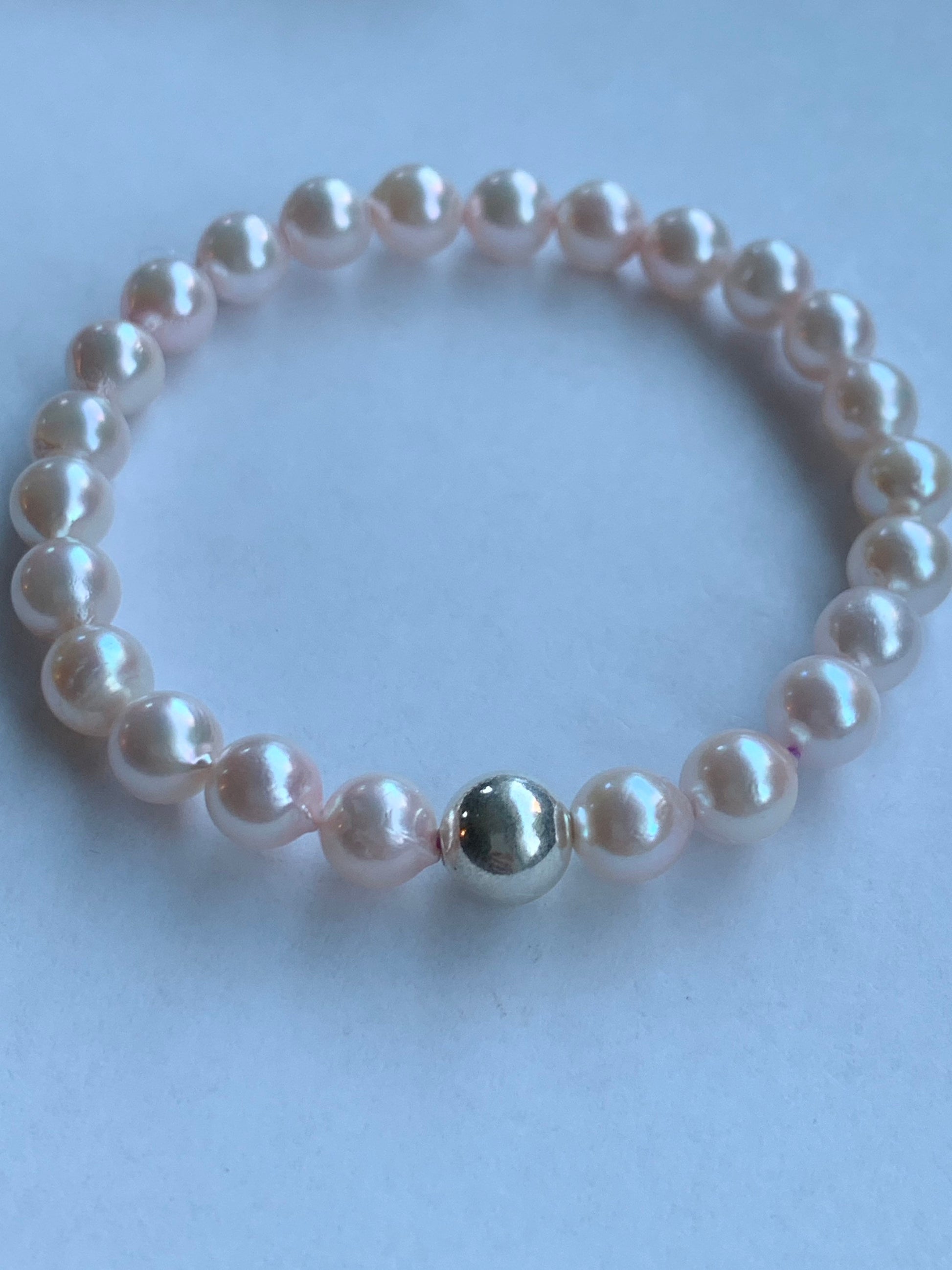 Natural Saltwater Akoya Peachy Blush Pearls and 925 Sterling Silver Ball Beaded Bracelet Stretchy 7” 天然淡粉海水珍珠纯银珠手串