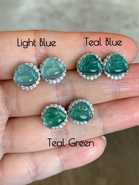 Natural Guatemalan Grade A Icy Translucent Jadeite Carved Buddha Stud Earrings S925 Silver 天然冰危翡翠佛公银耳钉