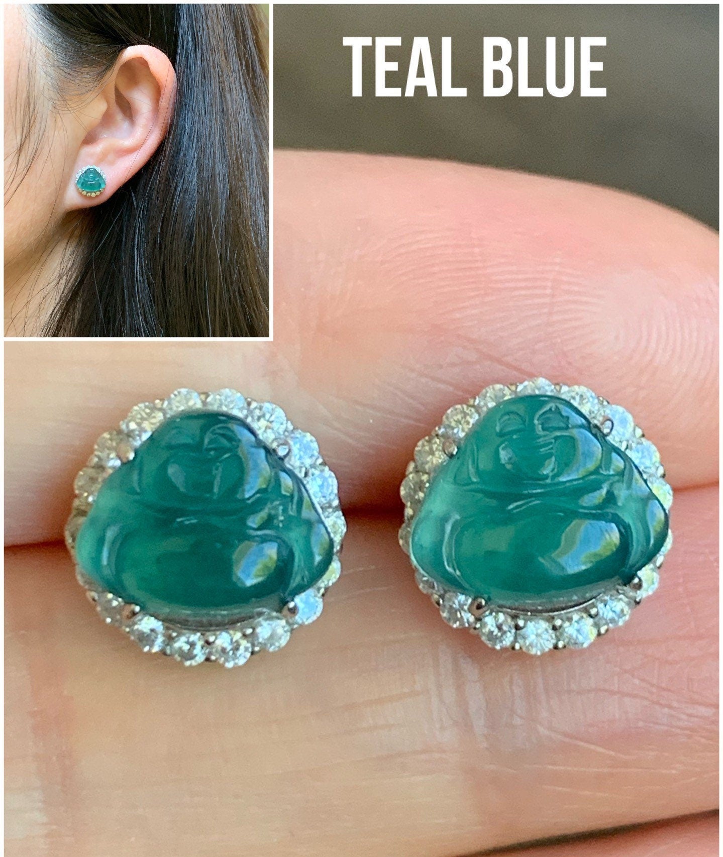 Natural Guatemalan Grade A Icy Translucent Jadeite Carved Buddha Stud Earrings S925 Silver 天然冰危翡翠佛公银耳钉