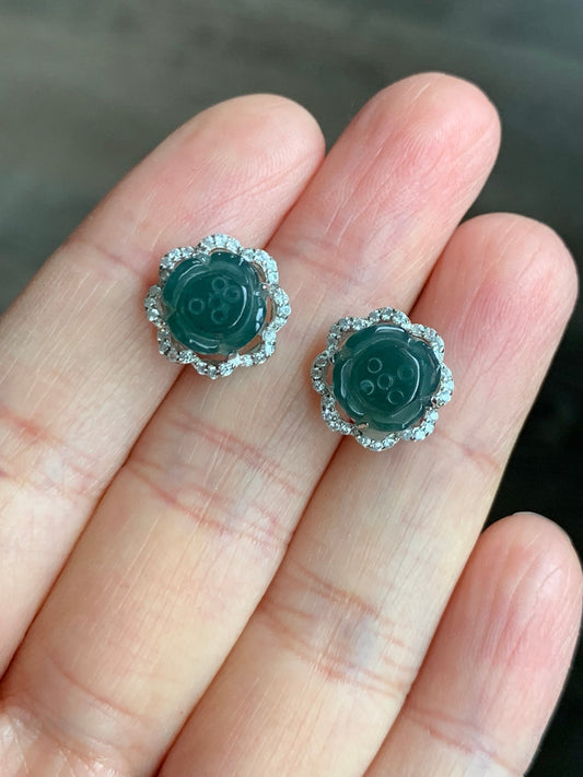 Natural Guatemalan Grade A Icy Translucent Dark Teal Blue Jadeite Carved Lotus Flower Stud Earrings S925 Silver 天然冰危蓝翡翠莲花银耳钉