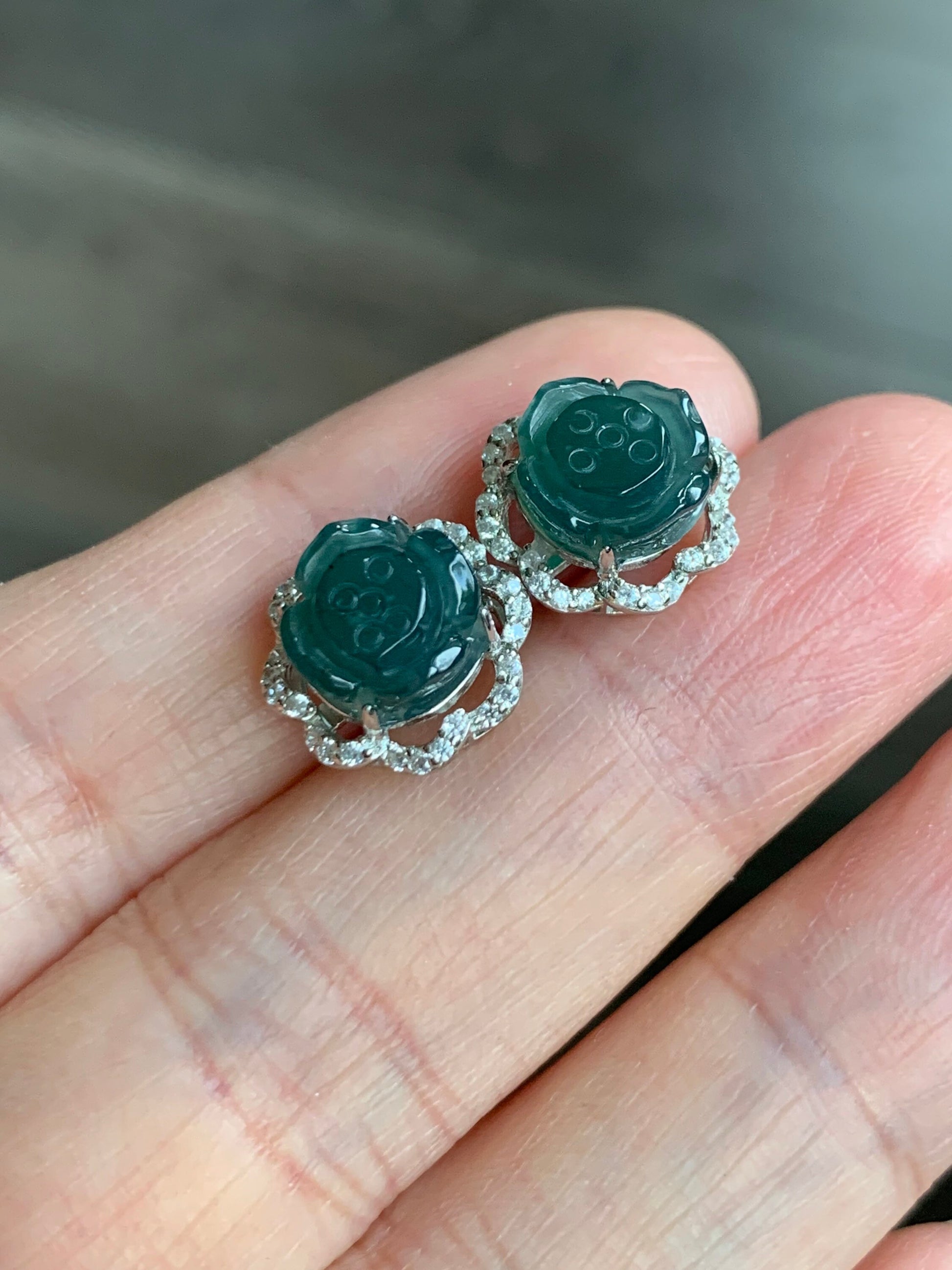 Natural Guatemalan Grade A Icy Translucent Dark Teal Blue Jadeite Carved Lotus Flower Stud Earrings S925 Silver 天然冰危蓝翡翠莲花银耳钉