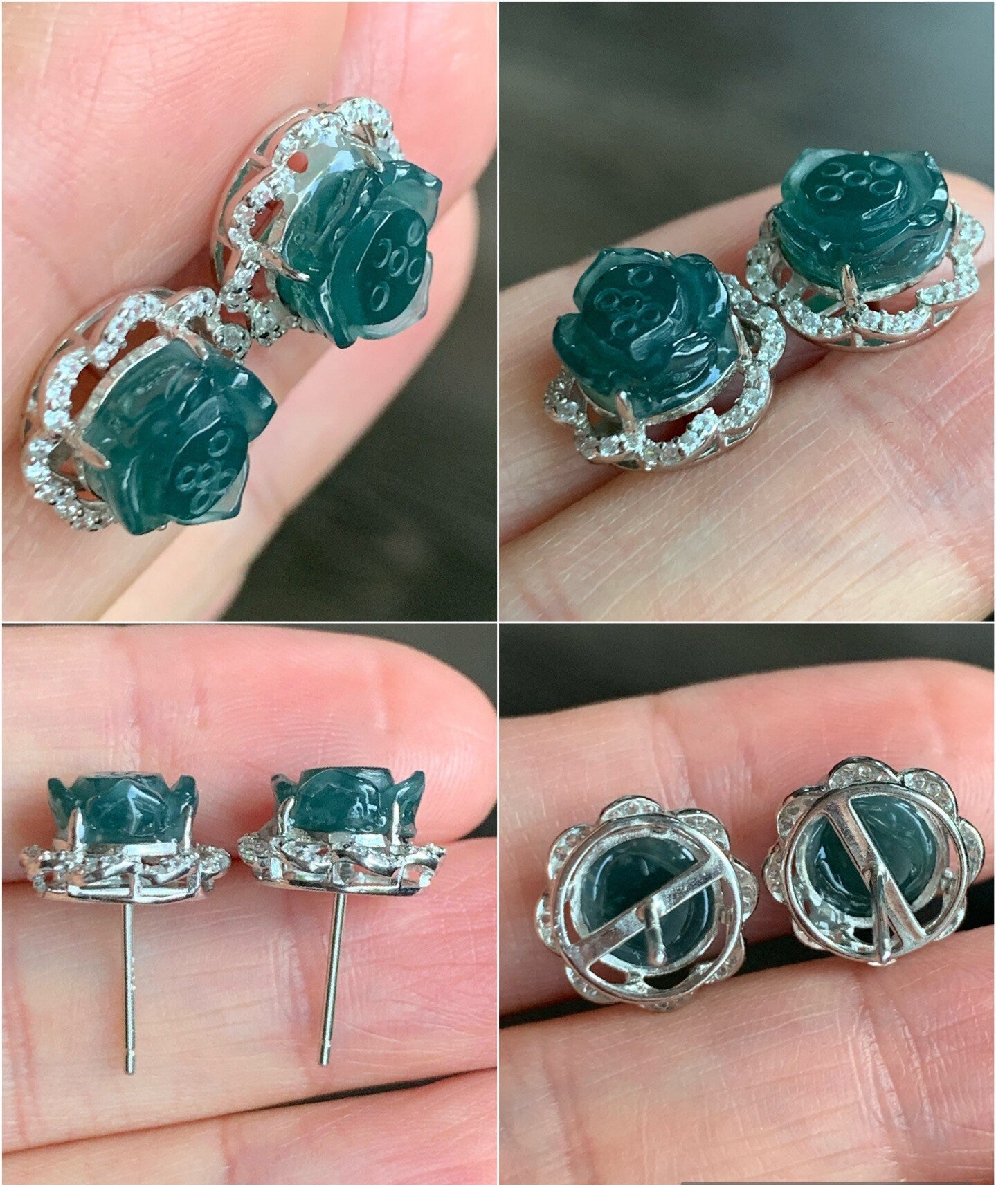 Natural Guatemalan Grade A Icy Translucent Dark Teal Blue Jadeite Carved Lotus Flower Stud Earrings S925 Silver 天然冰危蓝翡翠莲花银耳钉