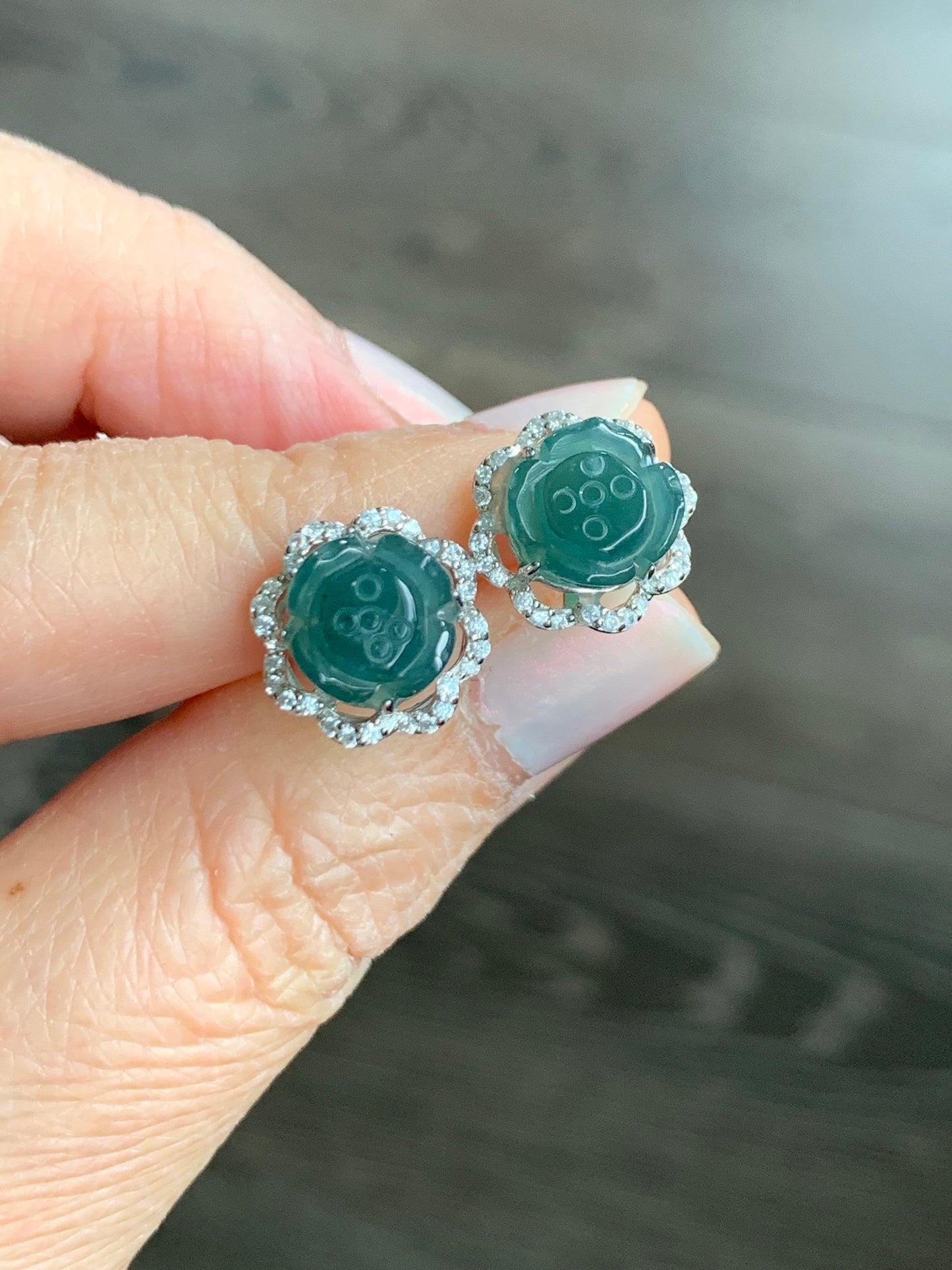Natural Guatemalan Grade A Icy Translucent Dark Teal Blue Jadeite Carved Lotus Flower Stud Earrings S925 Silver 天然冰危蓝翡翠莲花银耳钉