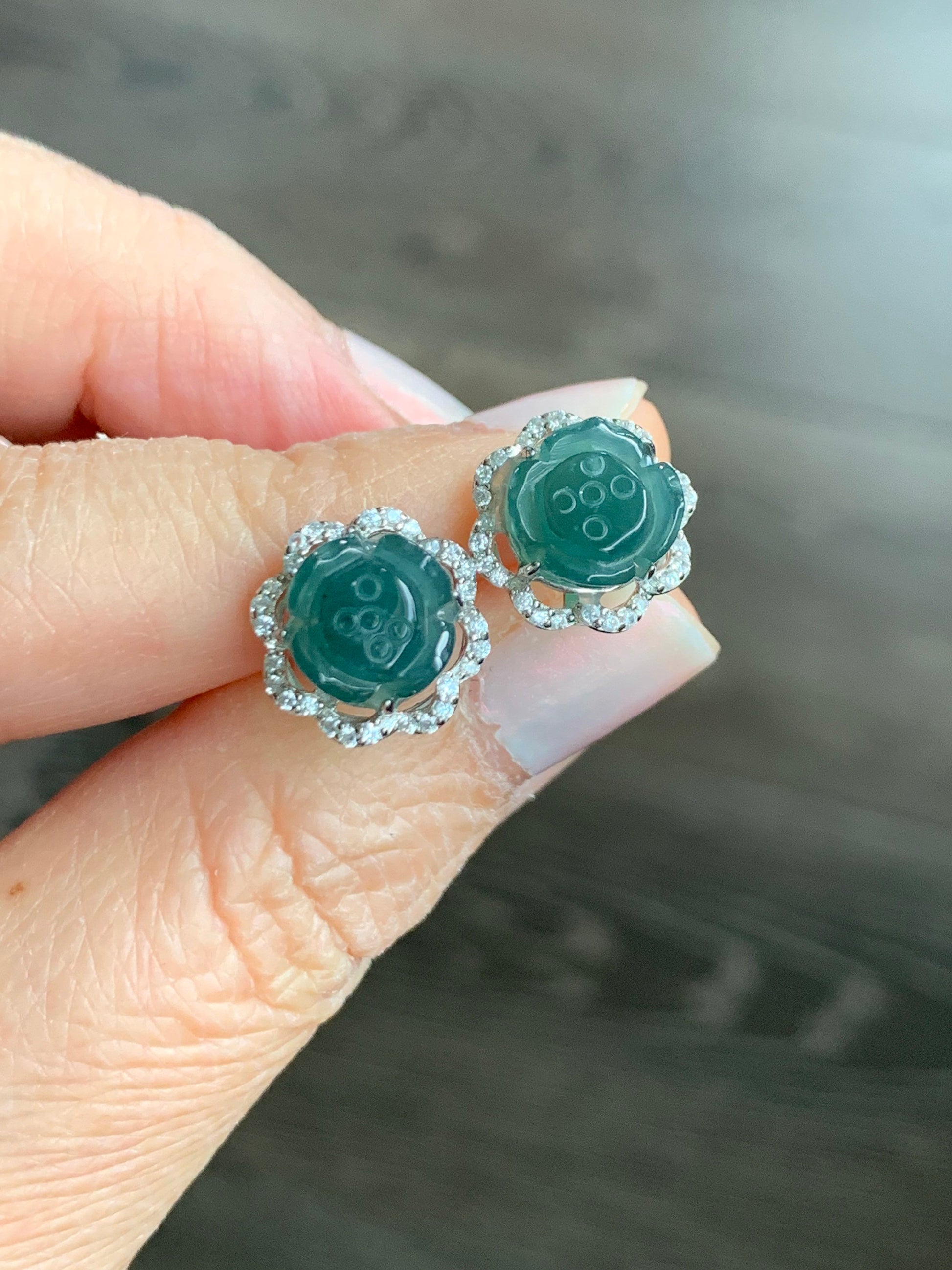 Natural Guatemalan Grade A Icy Translucent Dark Teal Blue Jadeite Carved Lotus Flower Stud Earrings S925 Silver 天然冰危蓝翡翠莲花银耳钉