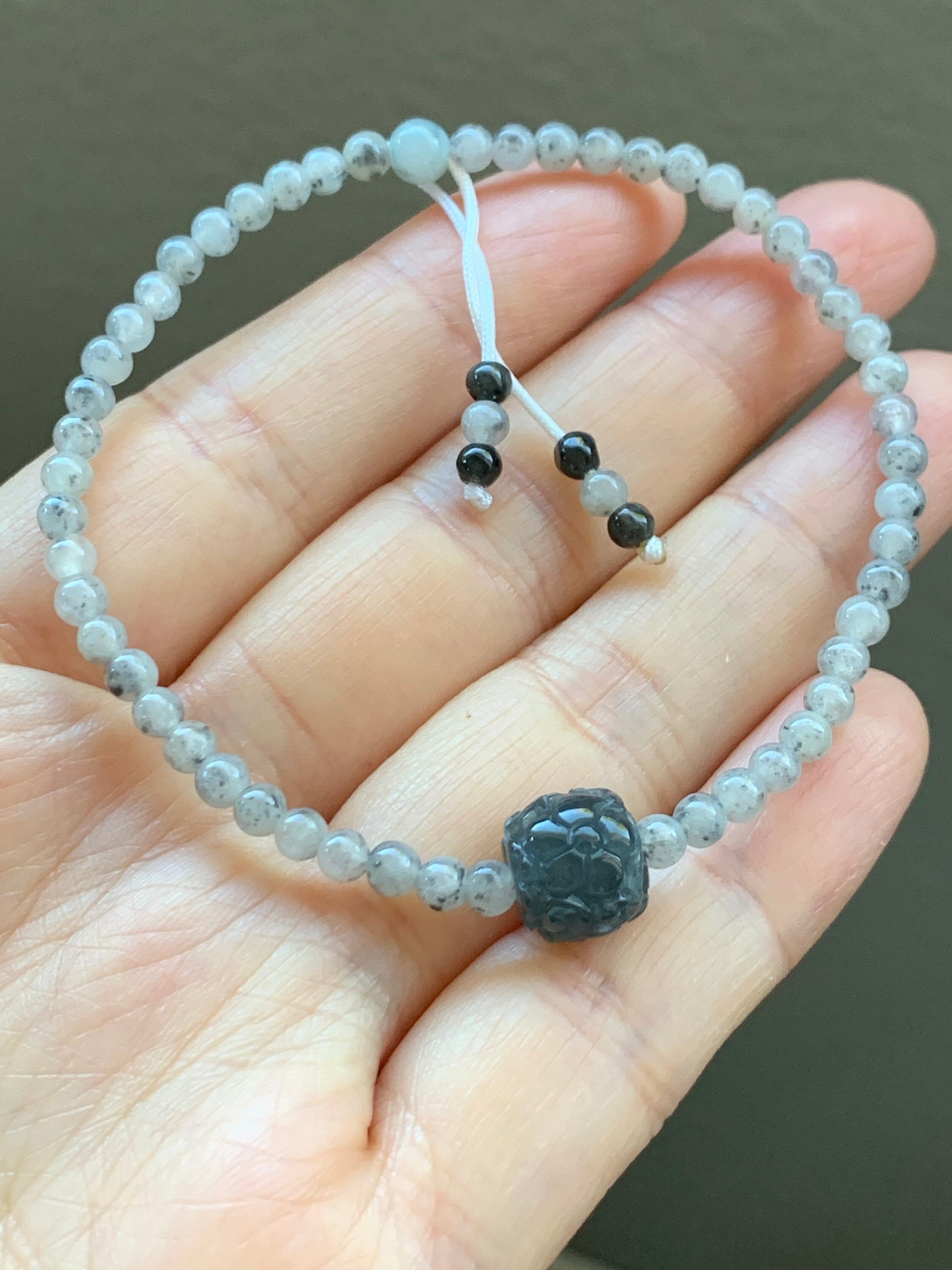 Natural Burmese A Graded Icy Highly Translucent Light Wuji Jadeite Guatemalan Wuji Jadeite Carved Barrel Bead Bracelet 7” 天然缅甸冰胶乌鸡翡翠冰危乌鸡桶珠手串