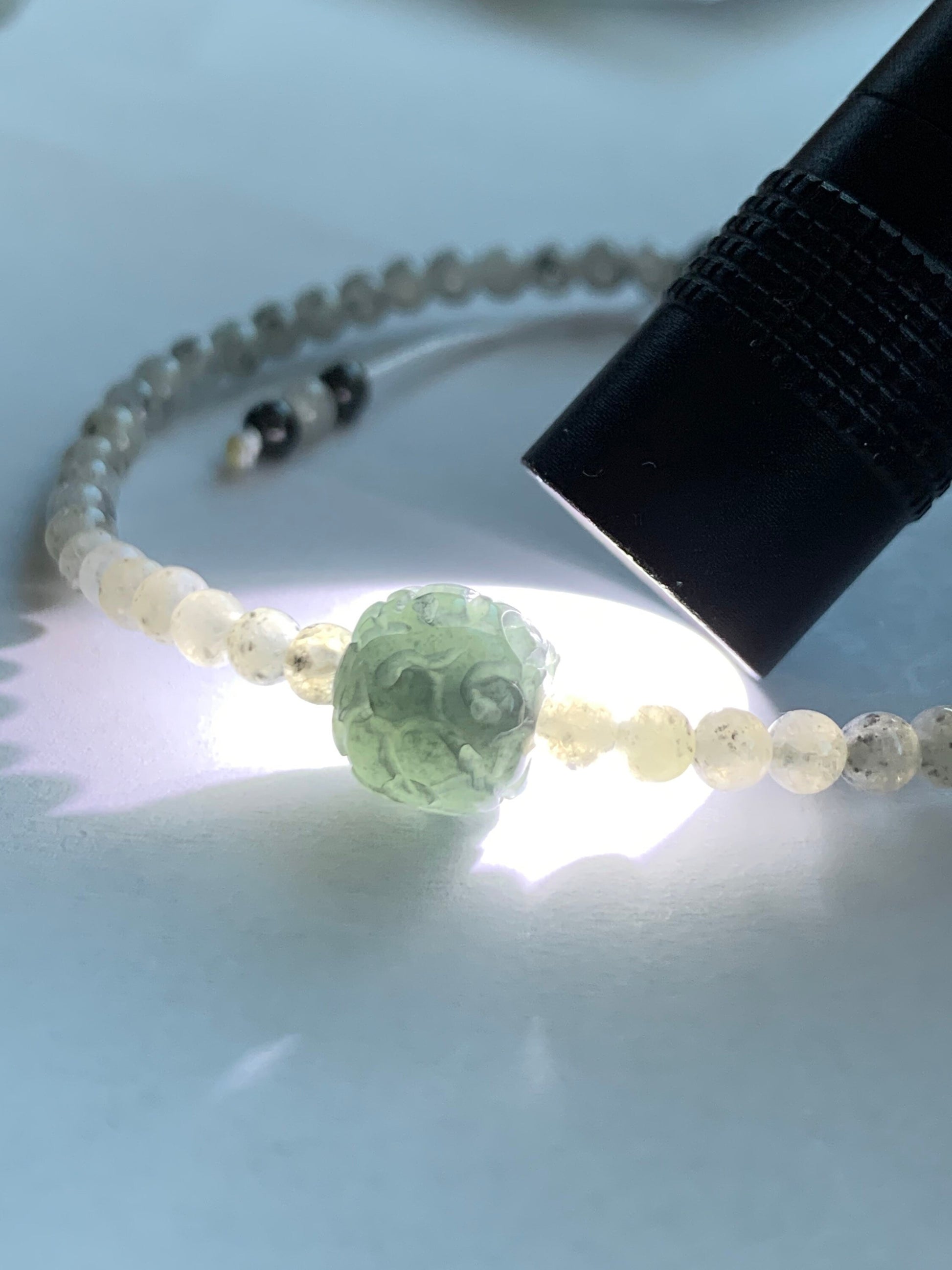 Natural Burmese A Graded Icy Highly Translucent Light Wuji Jadeite Guatemalan Wuji Jadeite Carved Barrel Bead Bracelet 7” 天然缅甸冰胶乌鸡翡翠冰危乌鸡桶珠手串