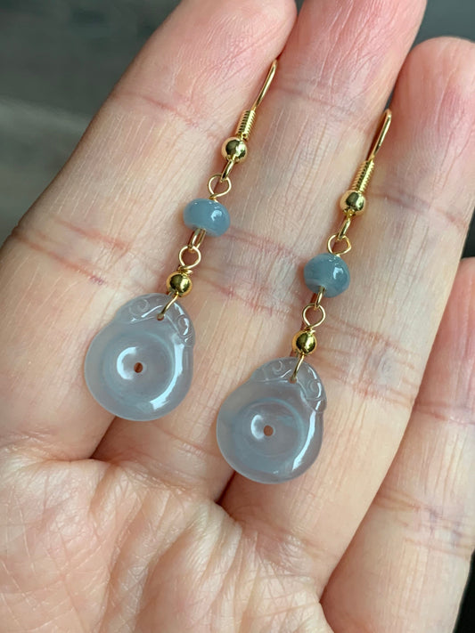 Natural Guatemalan Highly Translucent Light Sky Blue Jadeite Donut Ping An Kou Earrings 14K yellow gold plated 天然冰危蓝翡翠平安扣包金耳吊