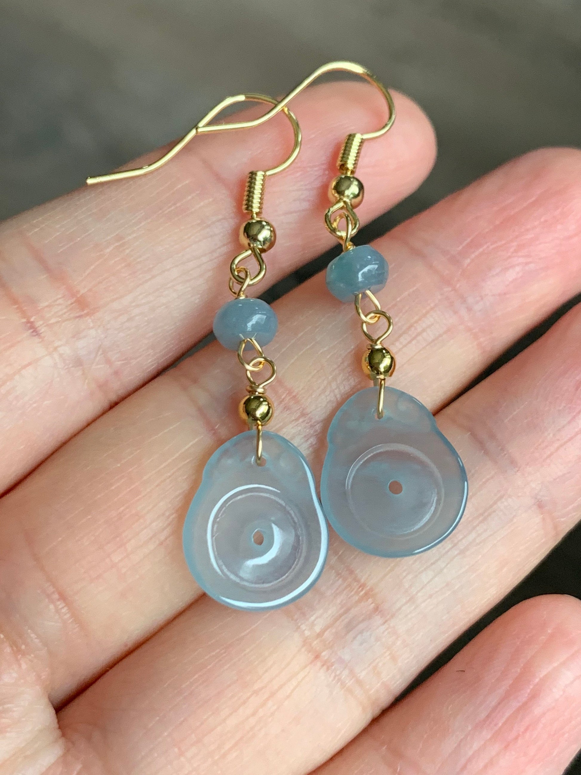 Natural Guatemalan Highly Translucent Light Sky Blue Jadeite Donut Ping An Kou Earrings 14K yellow gold plated 天然冰危蓝翡翠平安扣包金耳吊