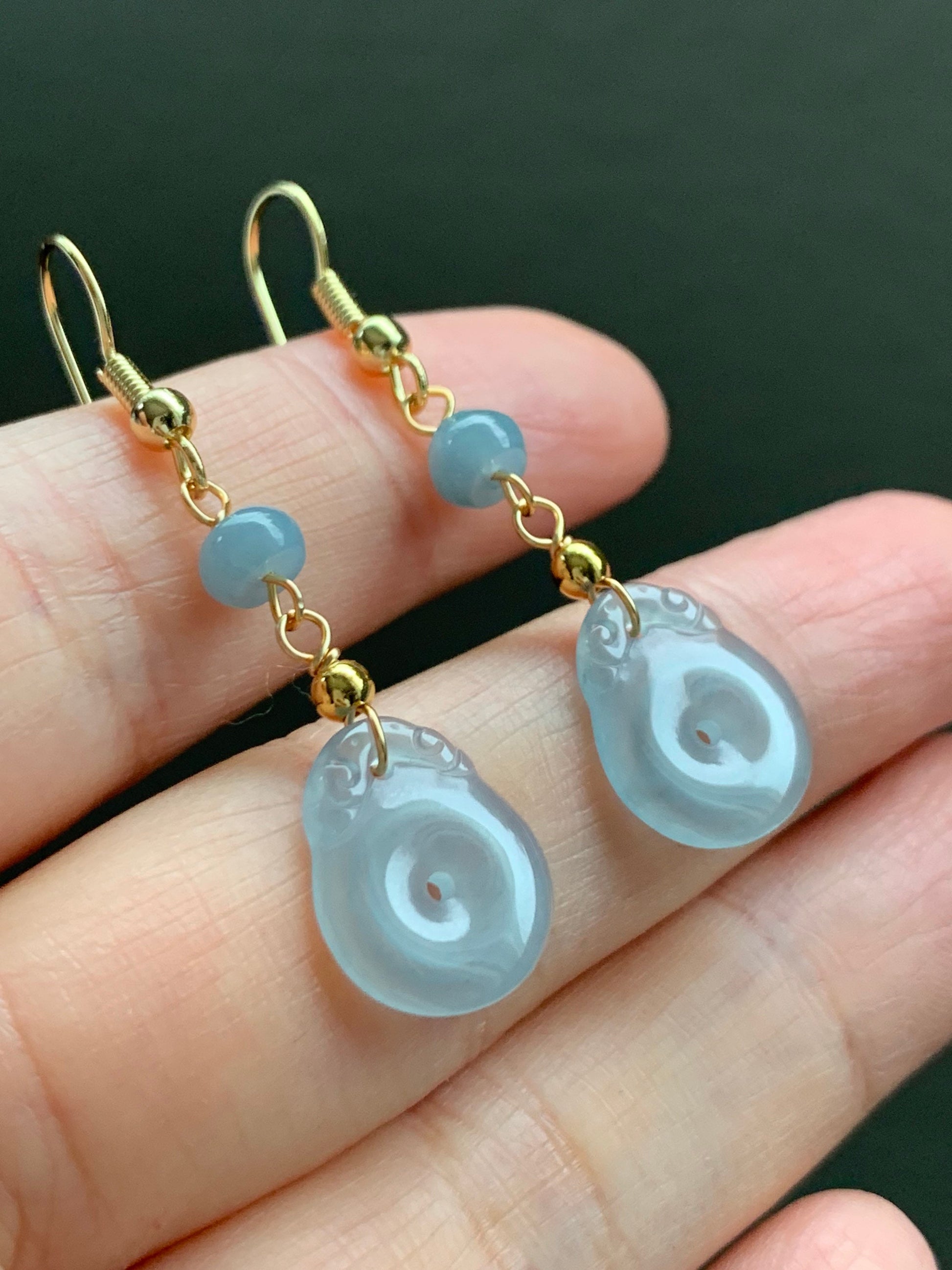 Natural Guatemalan Highly Translucent Light Sky Blue Jadeite Donut Ping An Kou Earrings 14K yellow gold plated 天然冰危蓝翡翠平安扣包金耳吊