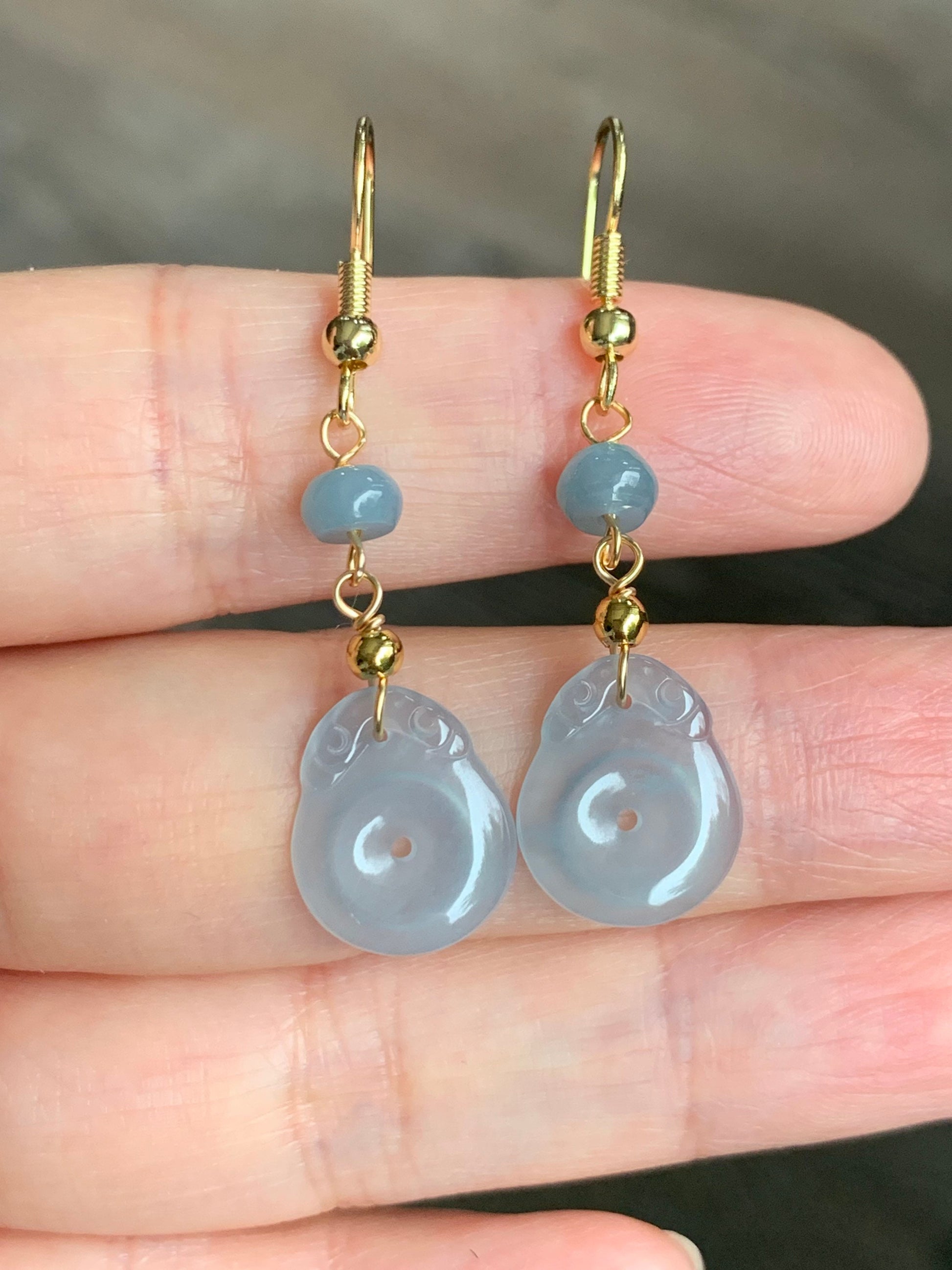 Natural Guatemalan Highly Translucent Light Sky Blue Jadeite Donut Ping An Kou Earrings 14K yellow gold plated 天然冰危蓝翡翠平安扣包金耳吊