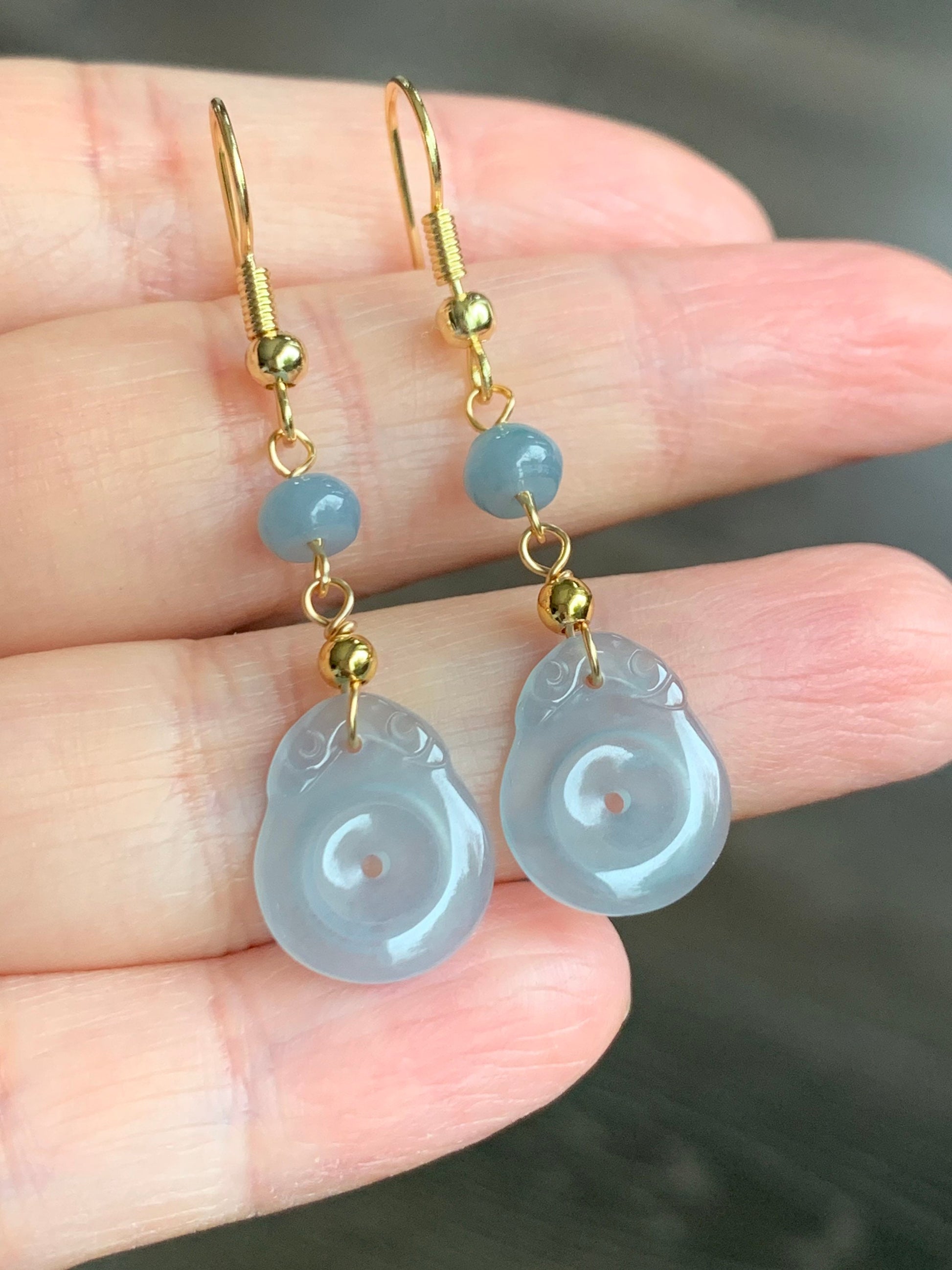 Natural Guatemalan Highly Translucent Light Sky Blue Jadeite Donut Ping An Kou Earrings 14K yellow gold plated 天然冰危蓝翡翠平安扣包金耳吊