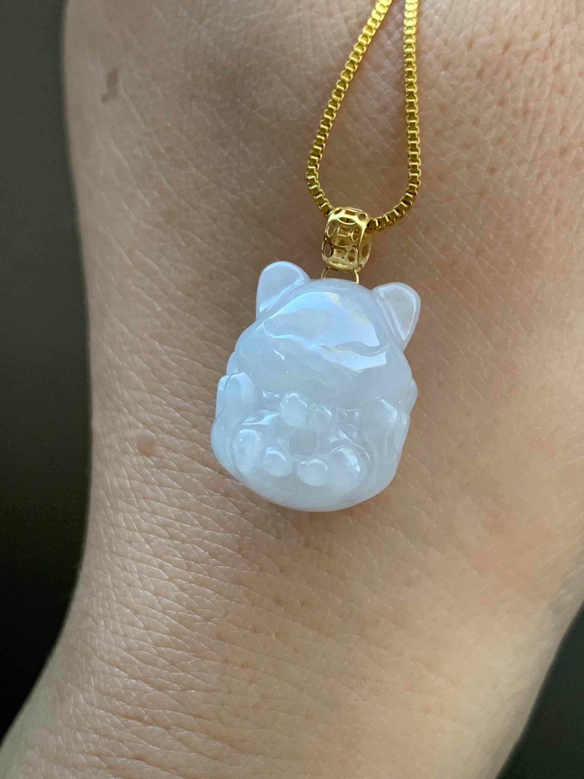 Natural Burmese Icy Translucent White Jadeite 3D Carved Nine-Tailed Fox Pendant 18K Yellow Gold 天然缅甸细糯白冰翡翠九尾狐狸镶嵌吊坠