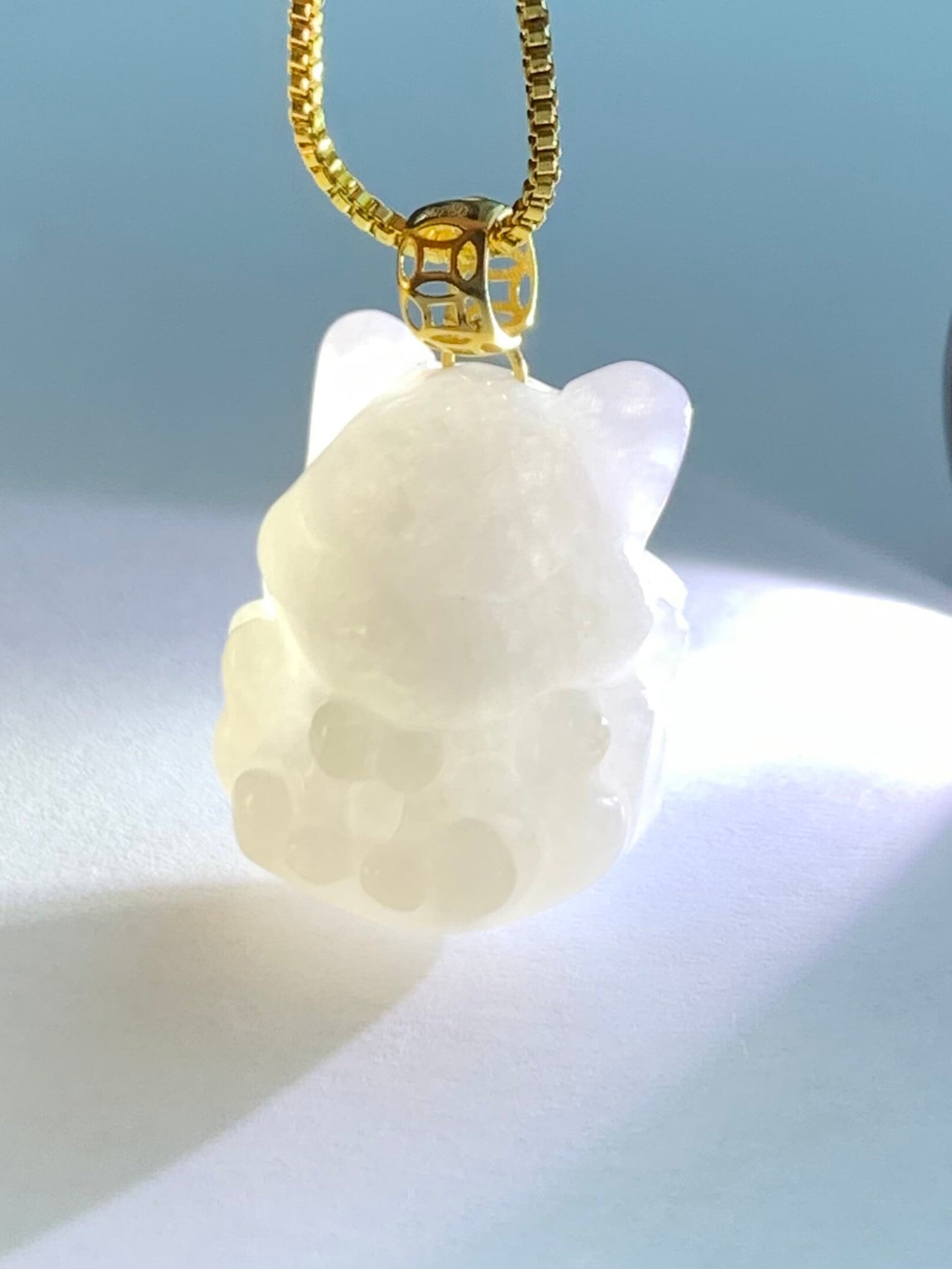 Natural Burmese Icy Translucent White Jadeite 3D Carved Nine-Tailed Fox Pendant 18K Yellow Gold 天然缅甸细糯白冰翡翠九尾狐狸镶嵌吊坠