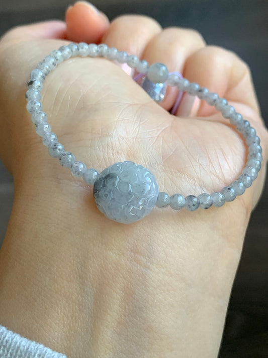 Natural Burmese A Graded Icy Highly Translucent Light Wuji Jadeite Engraved Wuji Jadeite Coin Bead Beaded Bracelet 6.75” 天然缅甸冰胶乌鸡翡翠仿古雕手串