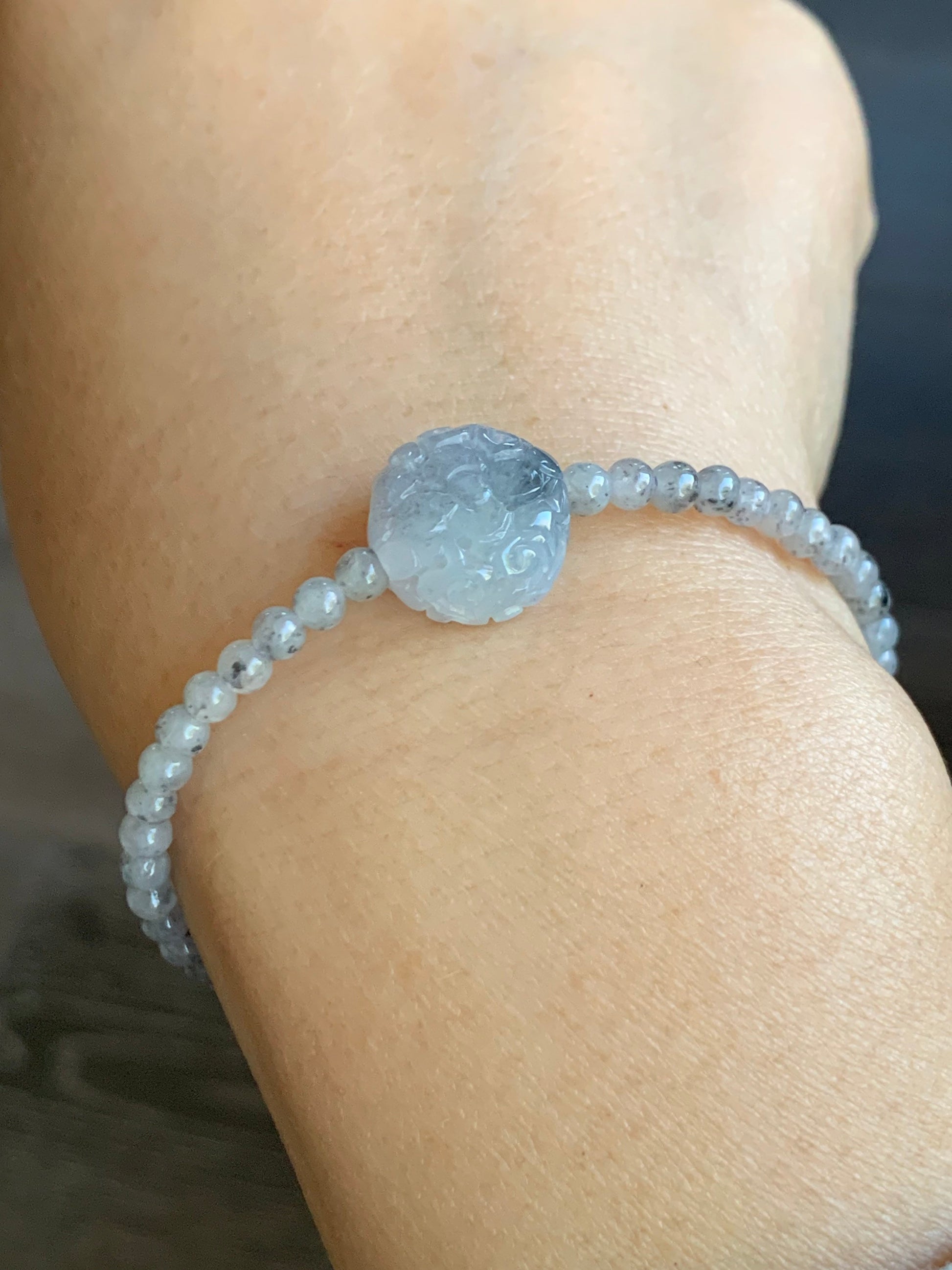 Natural Burmese A Graded Icy Highly Translucent Light Wuji Jadeite Engraved Wuji Jadeite Coin Bead Beaded Bracelet 6.75” 天然缅甸冰胶乌鸡翡翠仿古雕手串