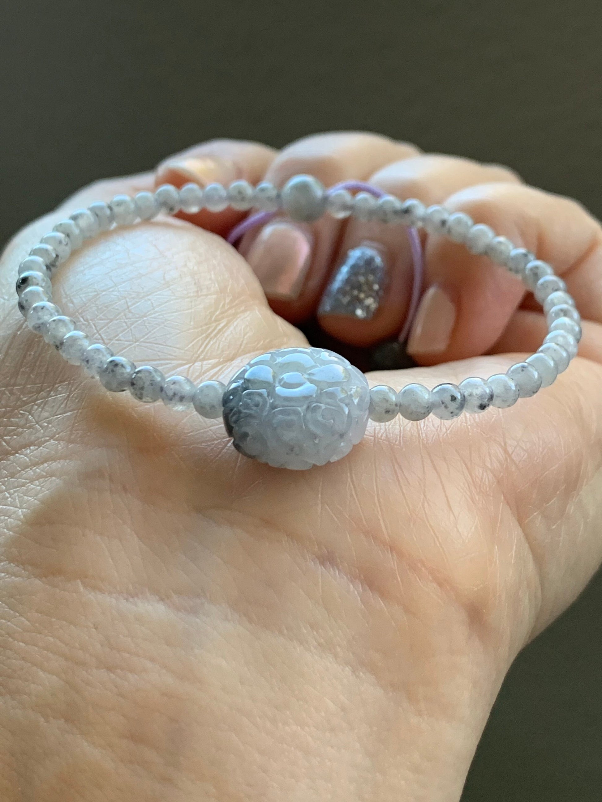 Natural Burmese A Graded Icy Highly Translucent Light Wuji Jadeite Engraved Wuji Jadeite Coin Bead Beaded Bracelet 6.75” 天然缅甸冰胶乌鸡翡翠仿古雕手串