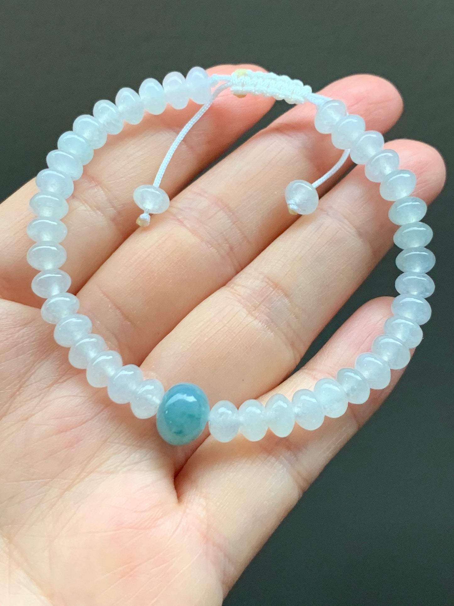 Premium Burmese Natural Icy Highly Translucent White Jadeite & Bright Blue Drum Beads Beaded Bracelet 6.75” 天然缅甸白冰翡翠牛仔蓝翡翠鼓珠手串