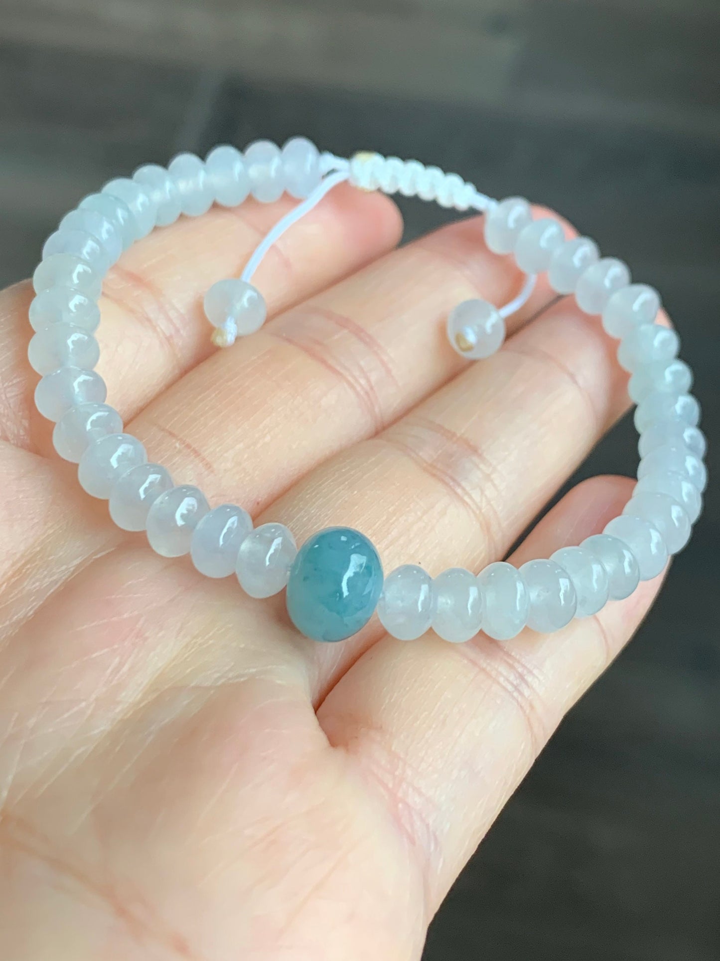 Premium Burmese Natural Icy Highly Translucent White Jadeite & Bright Blue Drum Beads Beaded Bracelet 6.75” 天然缅甸白冰翡翠牛仔蓝翡翠鼓珠手串