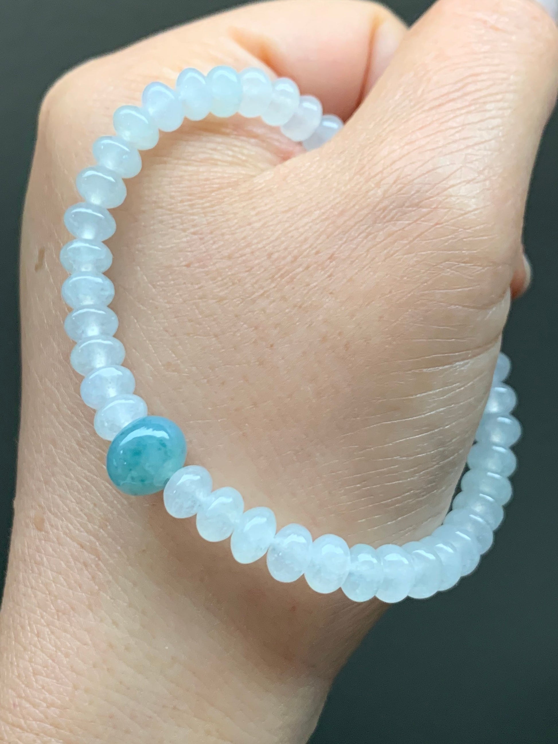 Premium Burmese Natural Icy Highly Translucent White Jadeite & Bright Blue Drum Beads Beaded Bracelet 6.75” 天然缅甸白冰翡翠牛仔蓝翡翠鼓珠手串